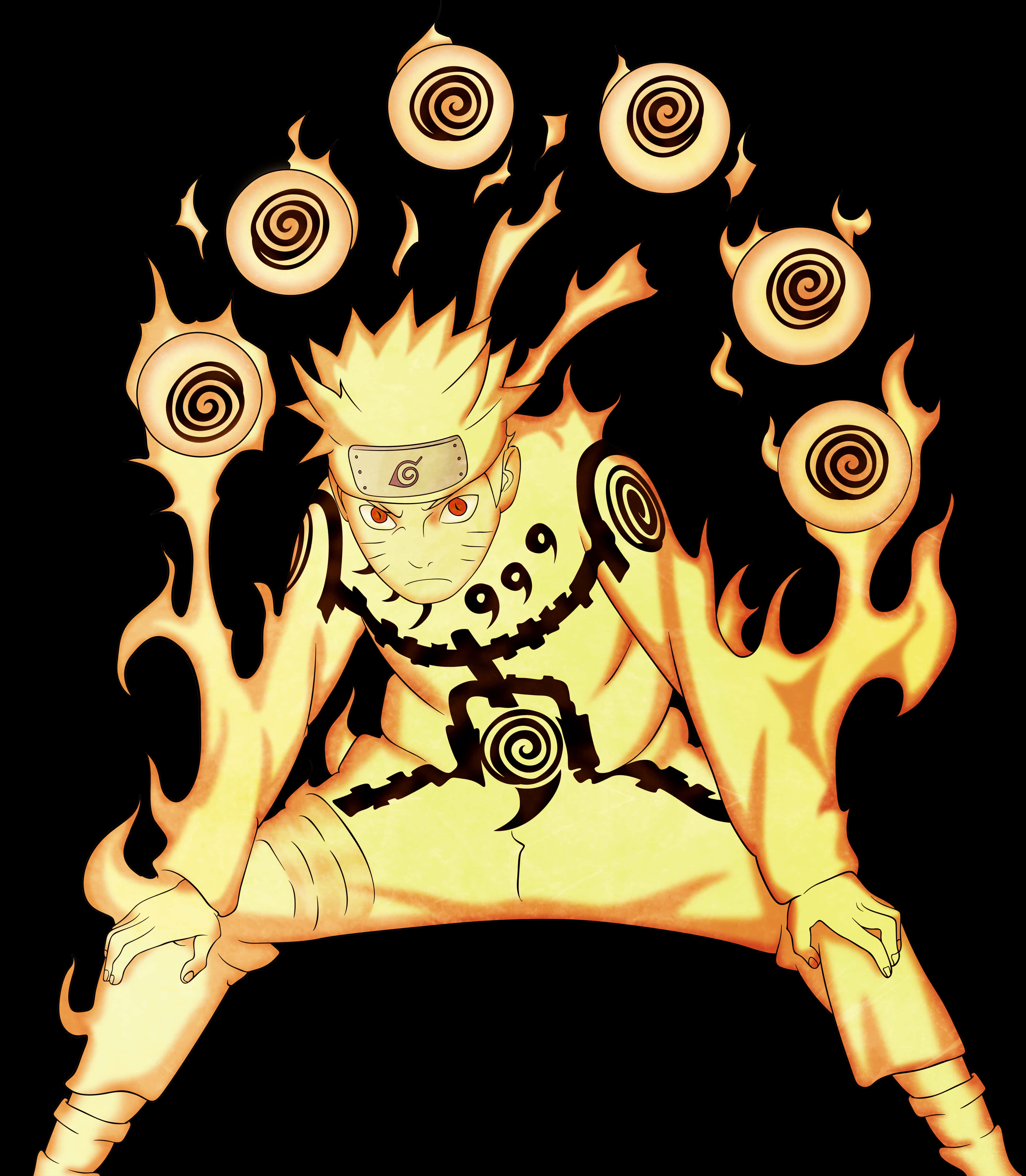 Naruto Nine Tails 桌布 壁紙 — 動畫角色鳴人處於九尾查克拉模式，被旋轉的橙色火焰和螺旋球體包圍，背景為黑色。