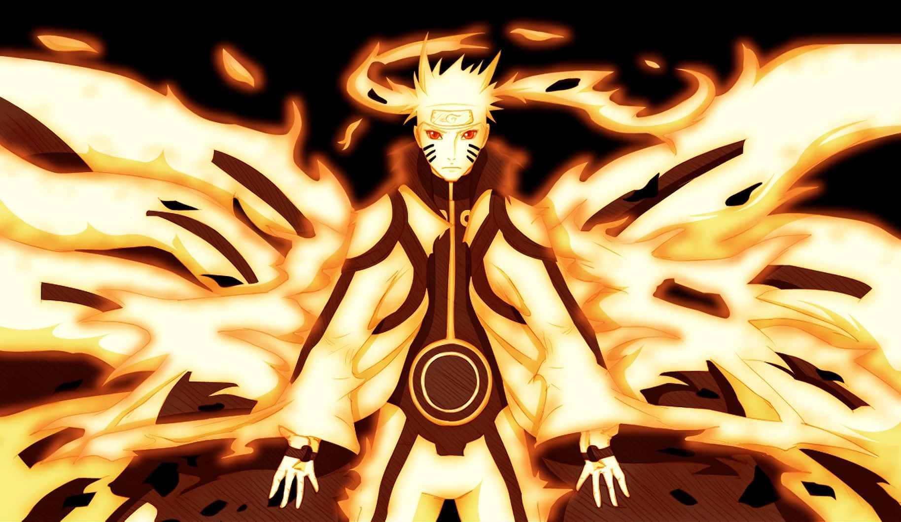 Naruto Nine Tails 桌布 壁紙 — 動畫角色鳴人處於九尾查克拉模式，帶有熾熱的橙色火焰和發光的紅色眼睛，背景為黑色。