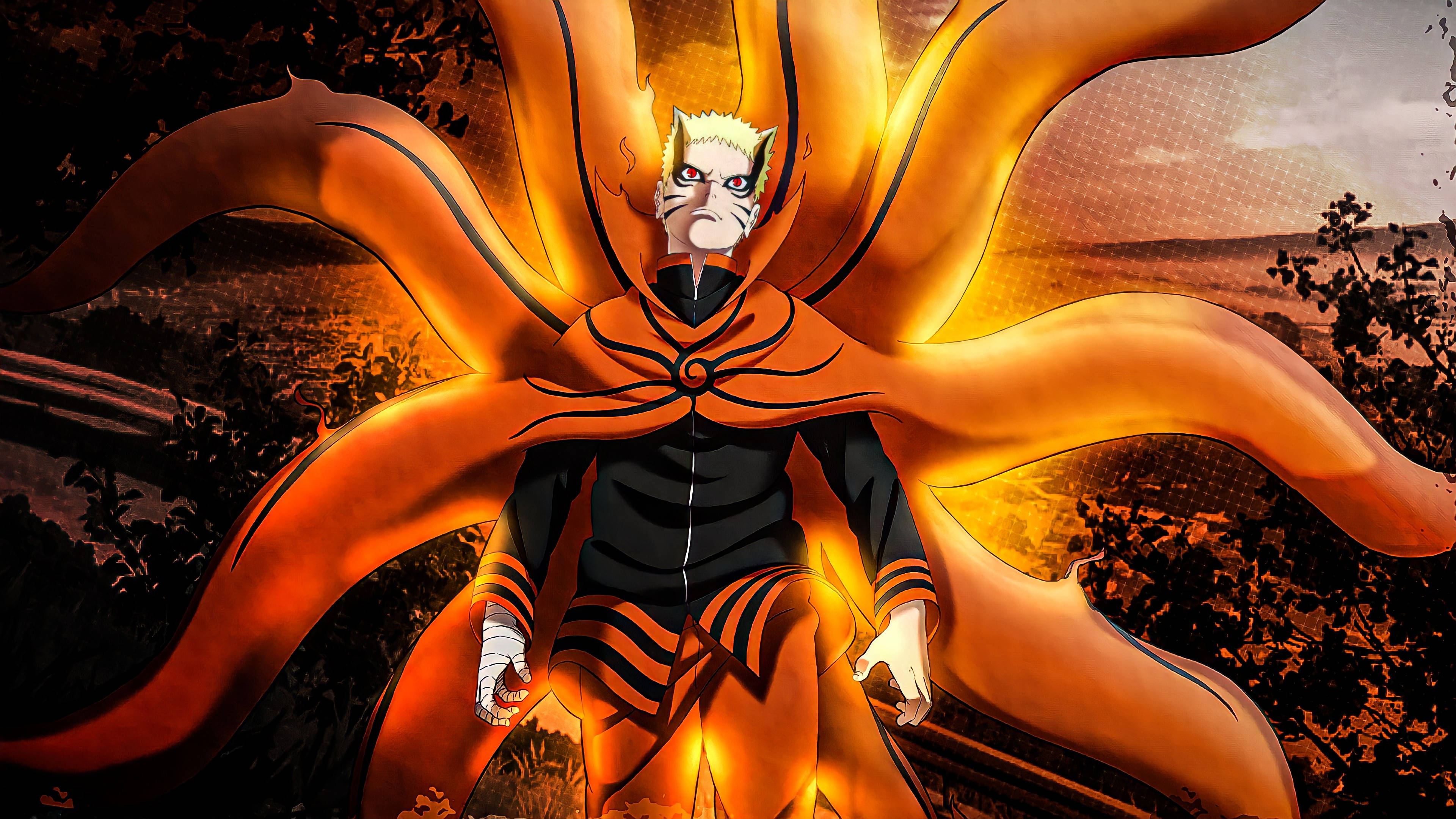 naruto sasuke 桌布 壁紙 — 動畫角色鳴人處於九尾查克拉模式，在熾熱的夕陽背景下，帶著發光的橙色尾巴強勢站立。