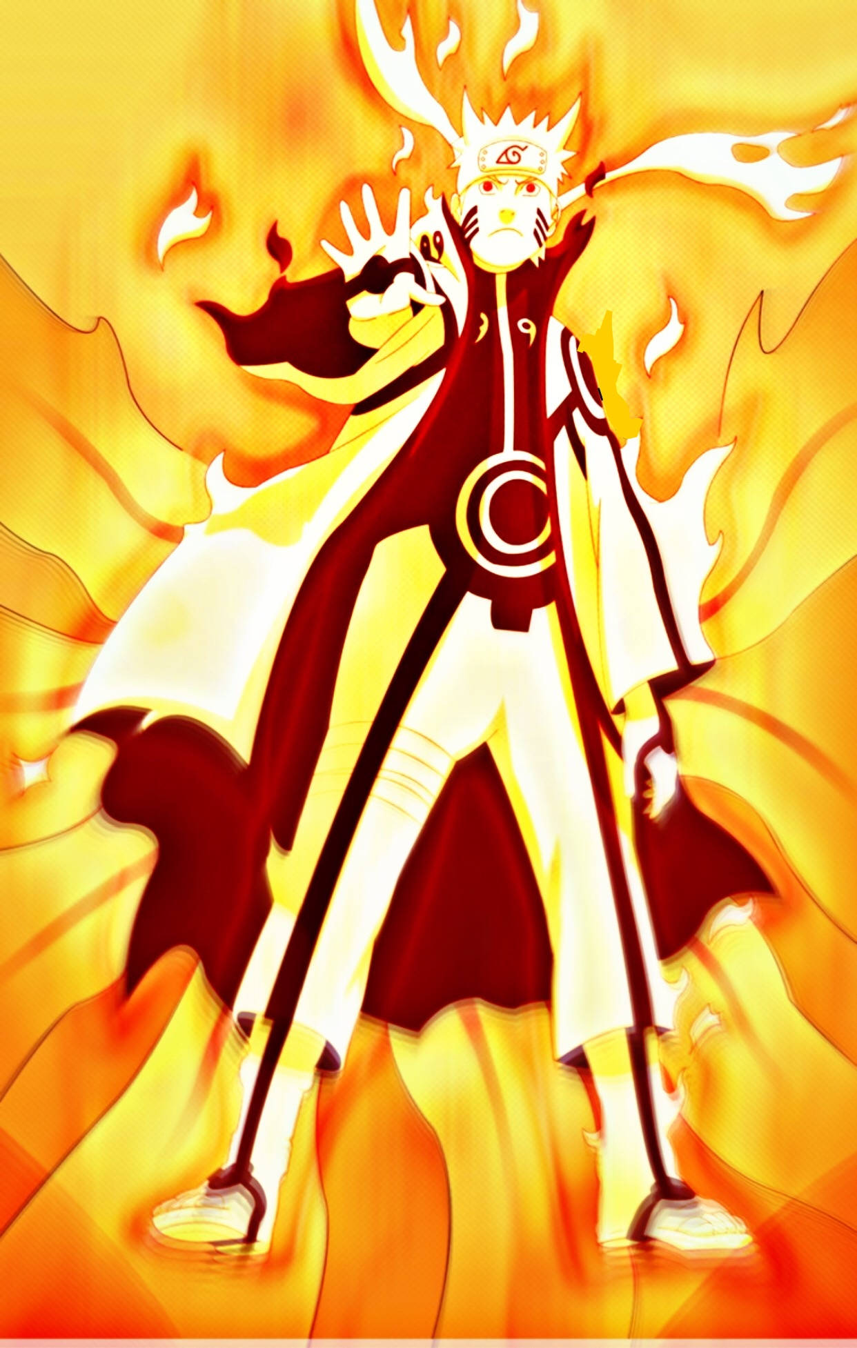 Yellow Naruto 桌布 壁紙 — 動畫角色鳴人處於九尾查克拉模式，在熾熱的橙色和黃色背景下強勢站立。