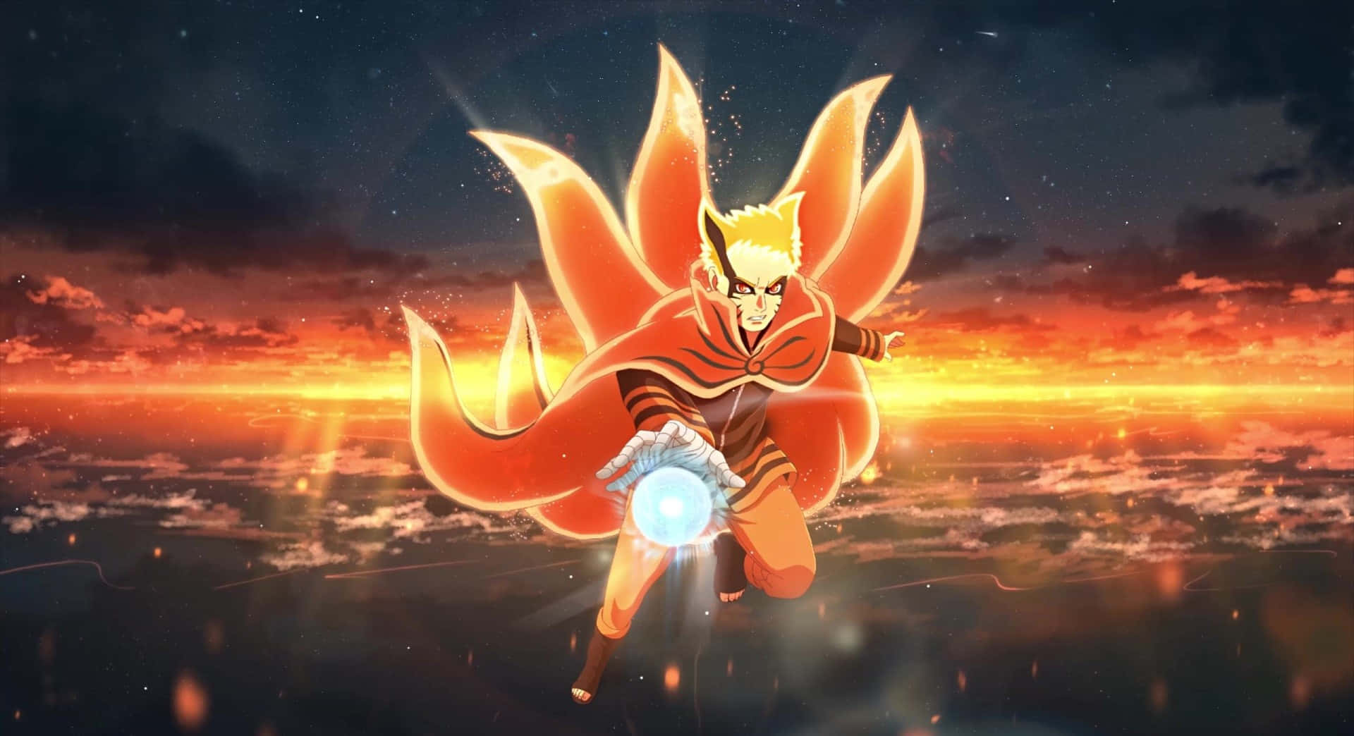 Naruto Rasengan 桌布 壁紙 — 動畫角色鳴人處於九尾查克拉模式，在熾熱的夕陽天空中飛翔，手持發光的藍色球體。