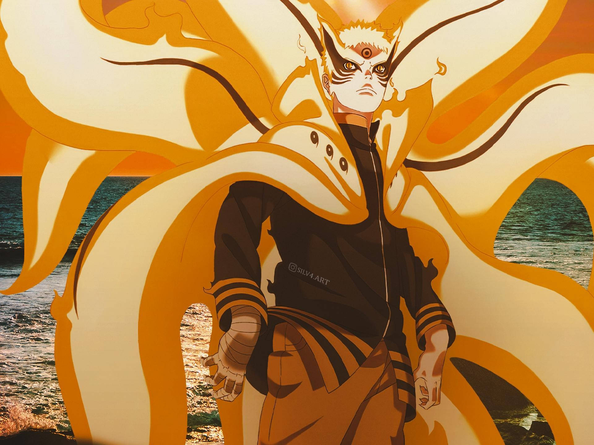 Naruto Nine Tails 桌布 壁紙 — 動畫角色鳴人處於九尾查克拉模式，在夕陽海洋背景下，帶有火橙色查克拉觸手。