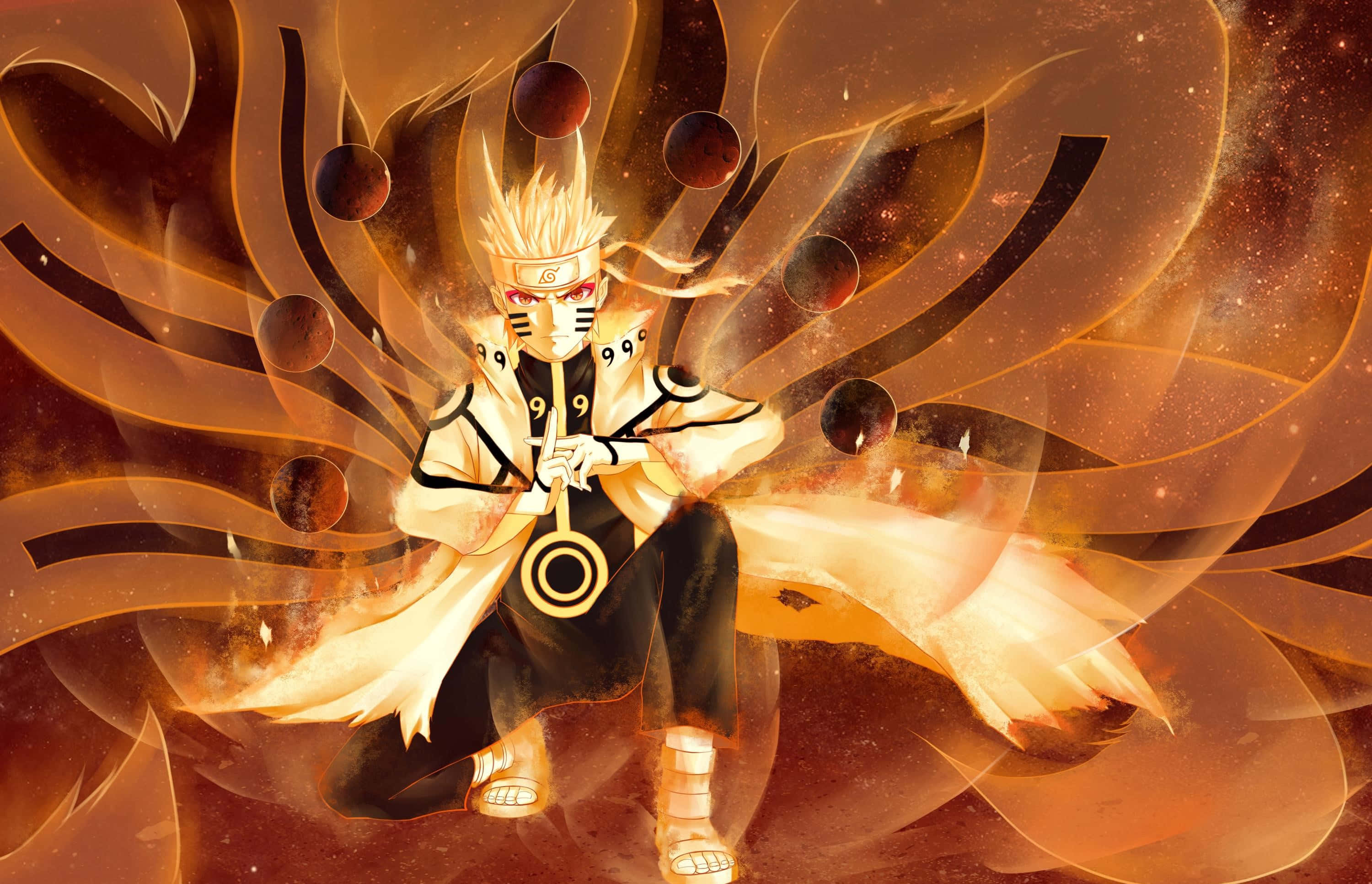 Naruto Anime 桌布 壁紙 — 動畫角色鳴人處於九尾查克拉模式，帶有熾熱的橙色光環和旋轉的尾巴，背景是宇宙。