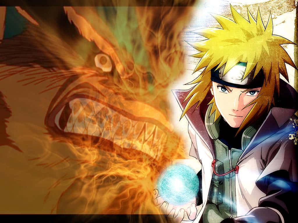 Fourth Hokage 桌布 壁紙 — 動畫角色鳴人釋放出發光的藍色查克拉球，身後有一隻燃燒的九尾狐靈在咆哮。