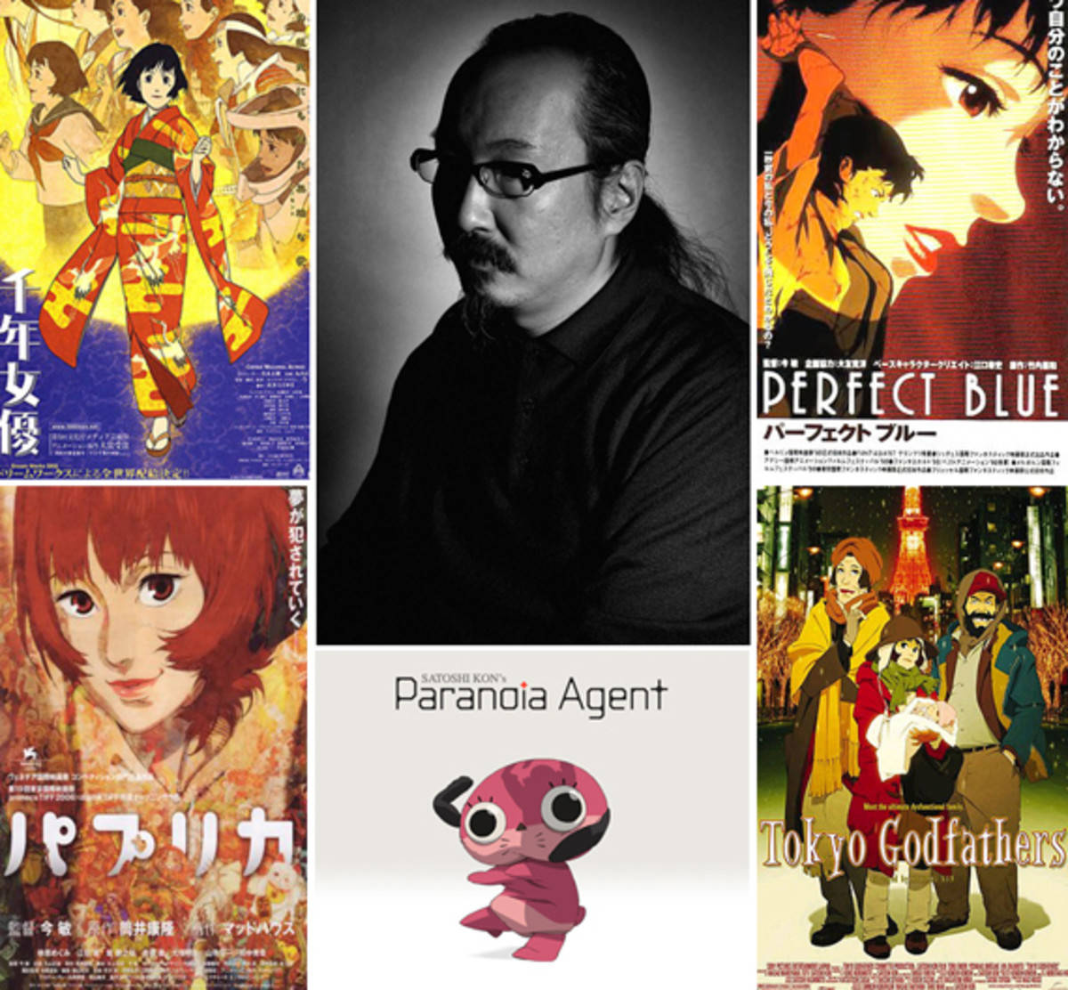 satoshi kon 桌布 壁紙 — 動畫電影海報和導演今敏肖像的拼貼，展現充滿活力的角色和陰鬱的黑白影像。