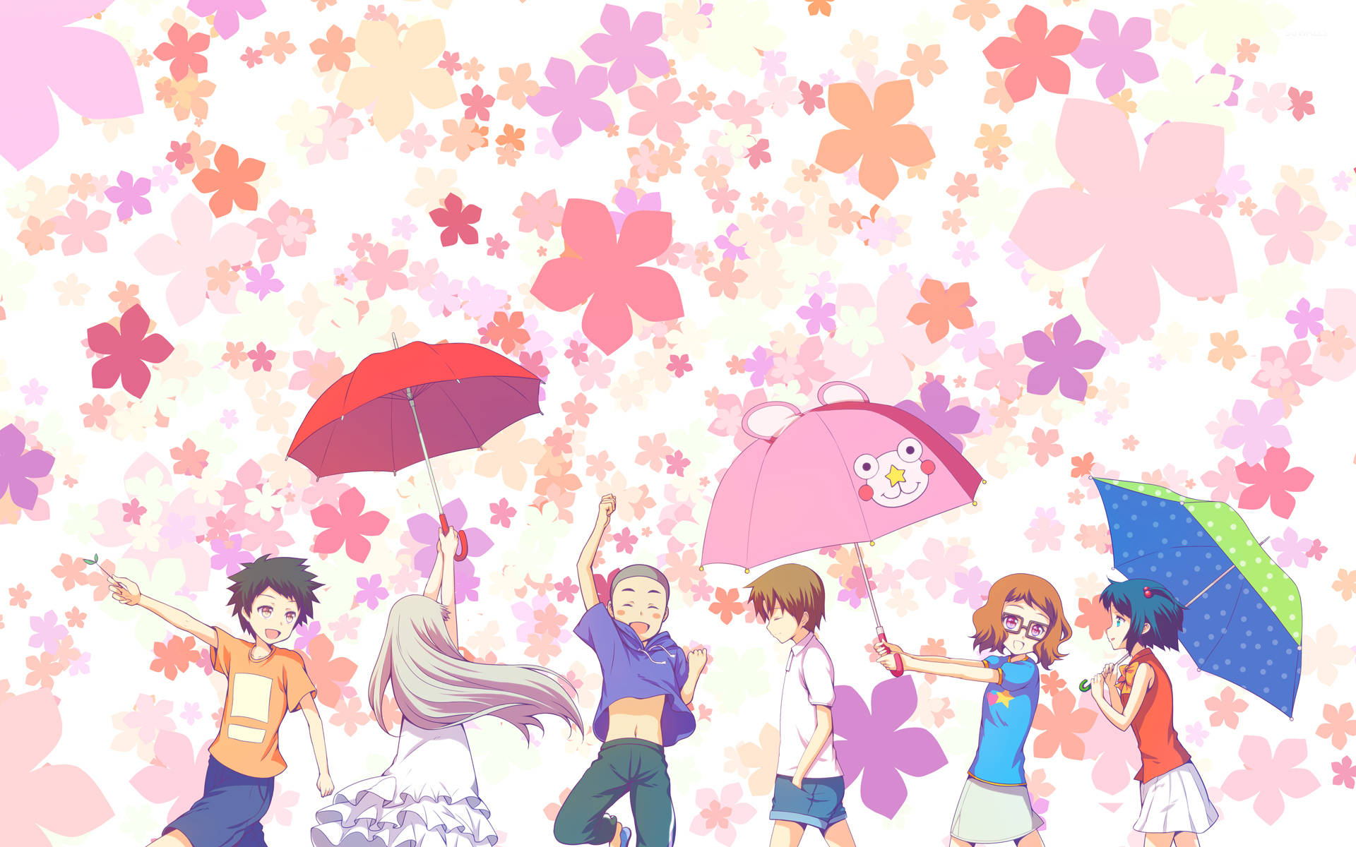 Anohana 桌布 壁紙 — 動畫青少年在彩色雨傘下歡快地跳舞，櫻花如雨般飄落，如夢似幻。