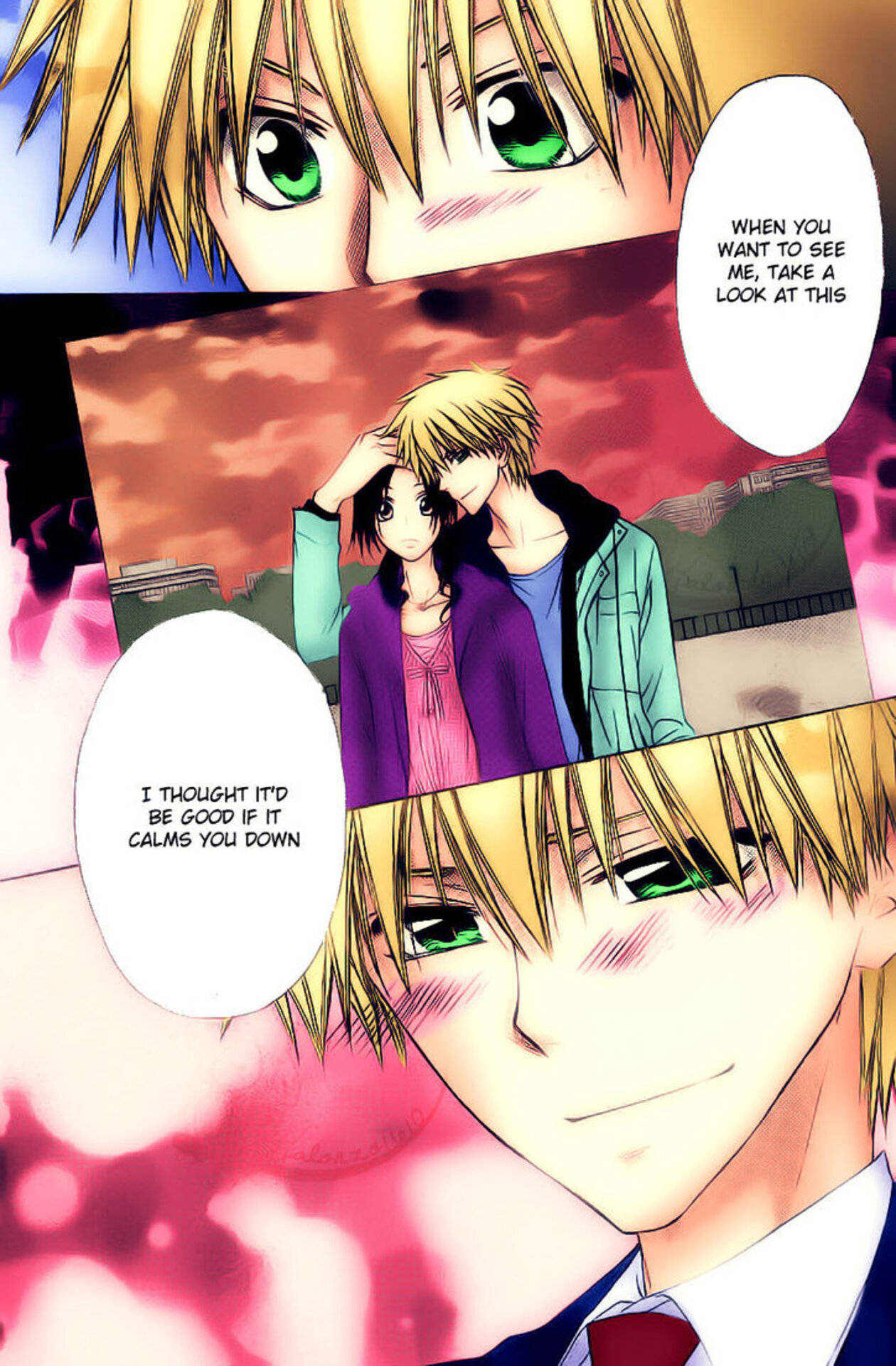 Kaichou Wa Maid Sama 桌布 壁紙 — 動畫面板顯示一個金髮綠眼的角色，在火熱的天空下，溫暖地微笑著，手持自己與一個黑髮女孩的照片。
