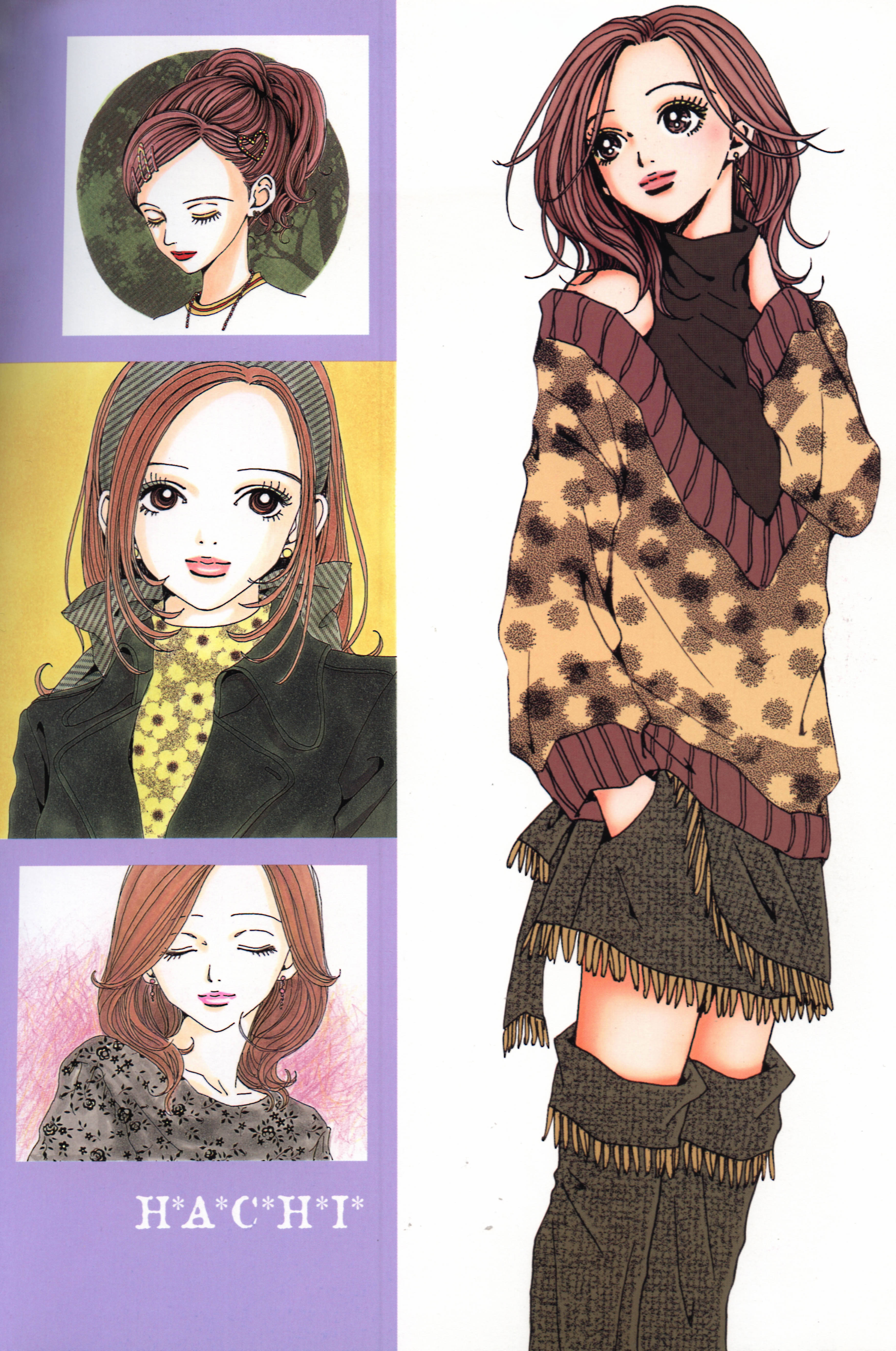 nana 桌布 壁紙 — 動畫風格插圖，描繪一位棕色頭髮的女性，穿著各種服裝並擺出不同姿勢，背景色彩繽紛。