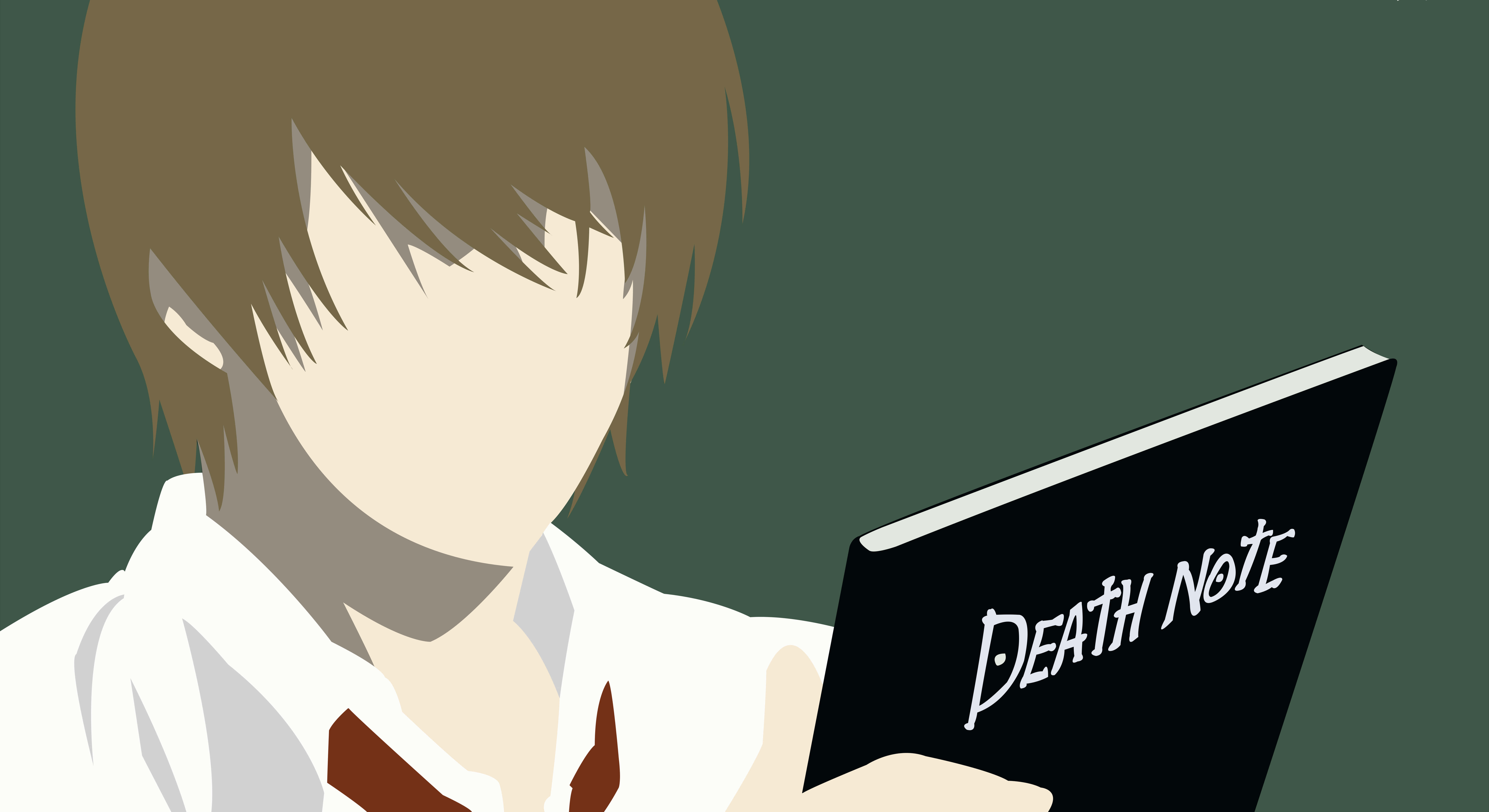 Death Note 4K 桌布 壁紙 — 動畫風格插圖，描繪一名身穿白襯衫的年輕男子，在深綠色背景前手持一本標有Death Note的黑色書本。