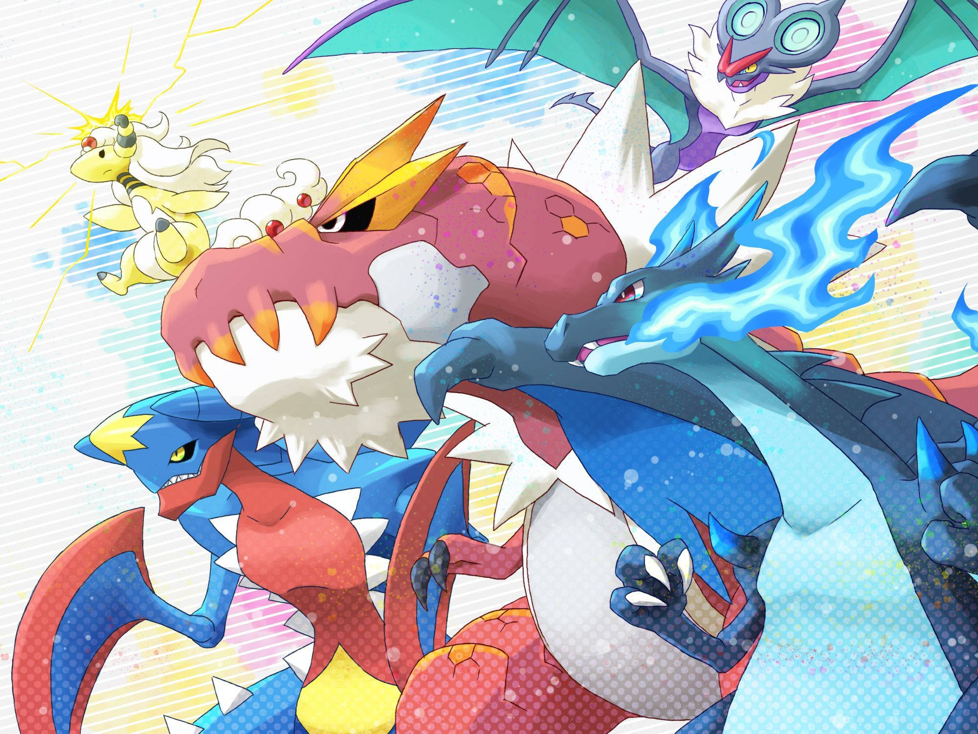 Garchomp 桌布 壁紙 — 動畫風格的寶可夢戰鬥場景，充滿電和火屬性的生物在鮮豔漸變背景前咆哮。