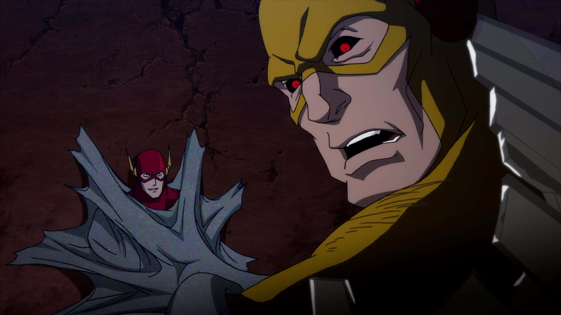Justice League The Flashpoint Paradox 桌布 壁紙 — 動畫風格的特寫，一個身穿黃色西裝、紅眼睛的威脅性反派，俯視著一個被困在冰中的較小紅色西裝英雄。