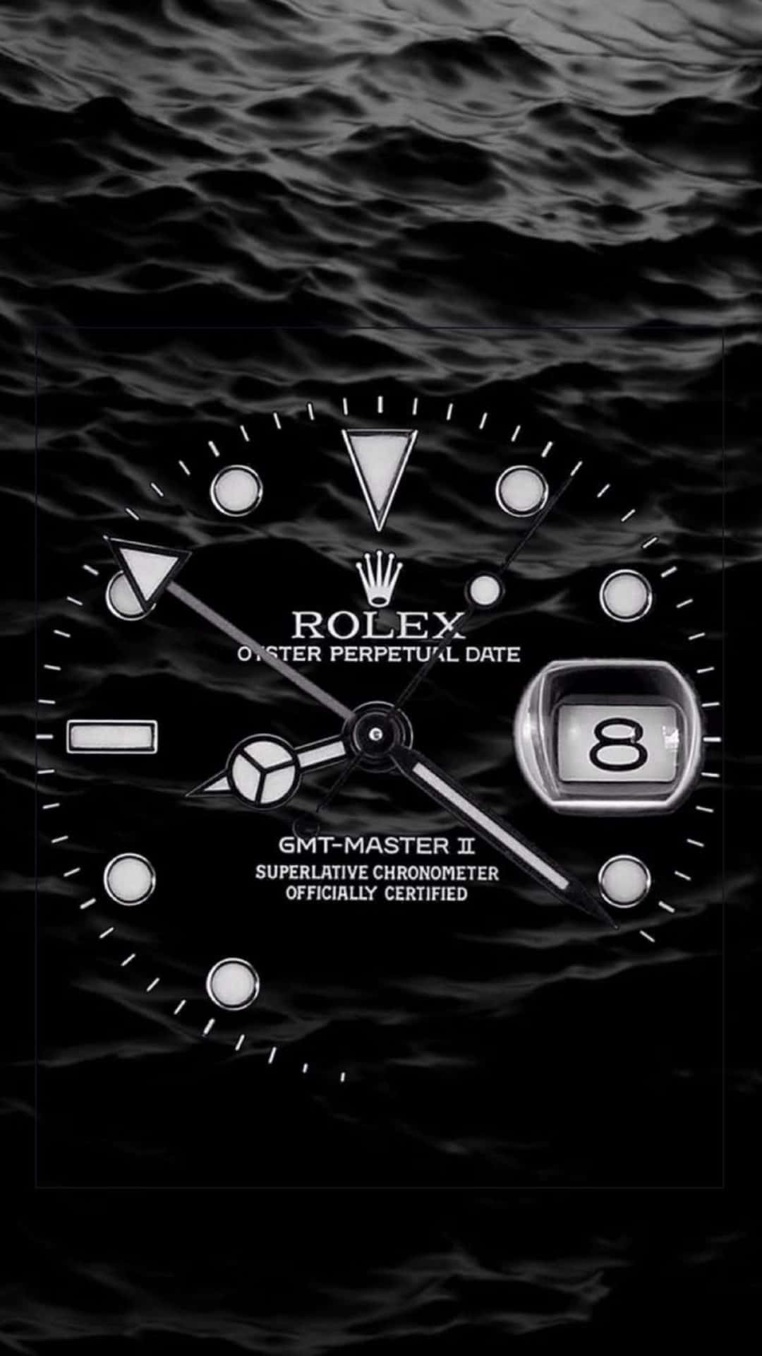 Rolex 桌布 壁紙 — 勞力士GMT-Master II手錶面盤漂浮在紋理黑白海洋波浪背景上。