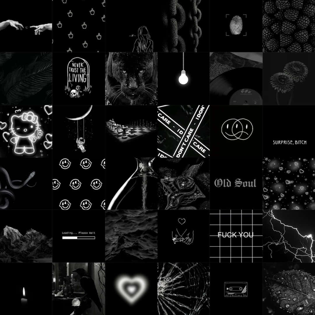 Aesthetic Black 桌布 壁紙 — 包含黑豹、卡式錄音帶和破碎心臟的25張粗獷美學圖像的黑白拼貼畫。