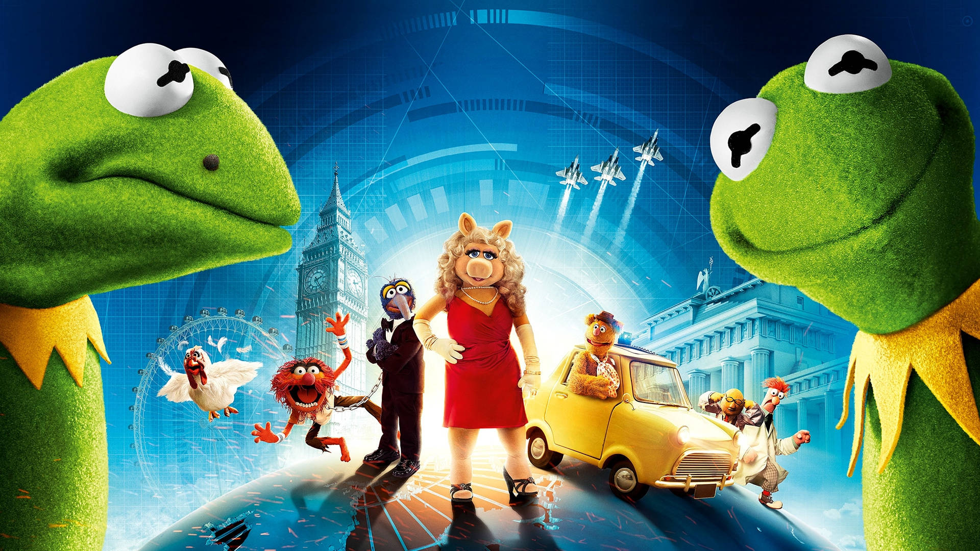 muppets 桌布 壁紙 — 包括Kermit和Miss Piggy在內的Muppets角色站在倫敦地標前，背景是發光的藍色數位天空。