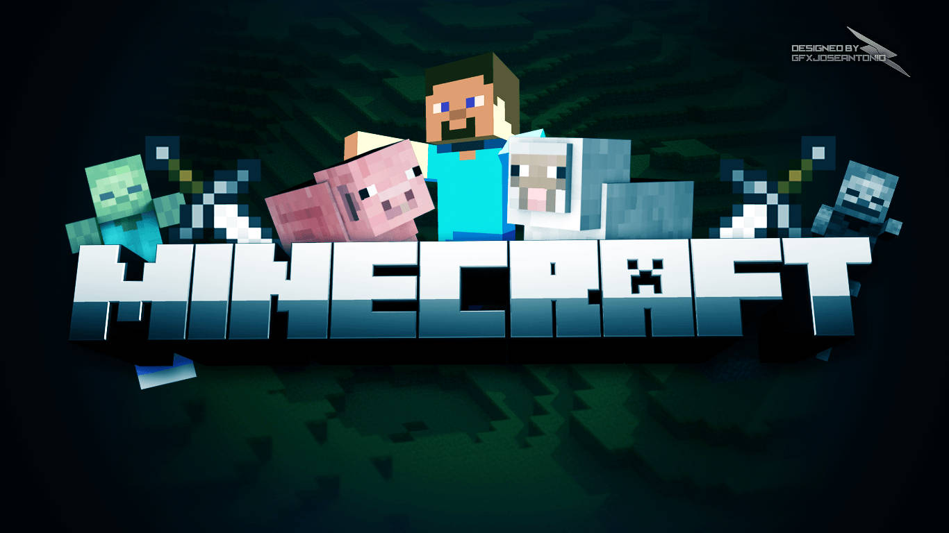 可愛的 Minecraft 桌布 壁紙 — 包括Steve、殭屍豬人和羊在內的方塊Minecraft角色站在大膽的遊戲標誌後面，背景是深色像素化。