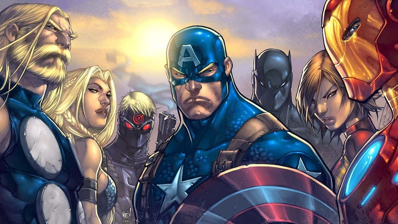 1366x768 Marvel 桌布 壁紙 — 包括美國隊長、索爾和鋼鐵人在內的Marvel超級英雄英勇列陣，在戲劇性的日落天空下團結一致。
