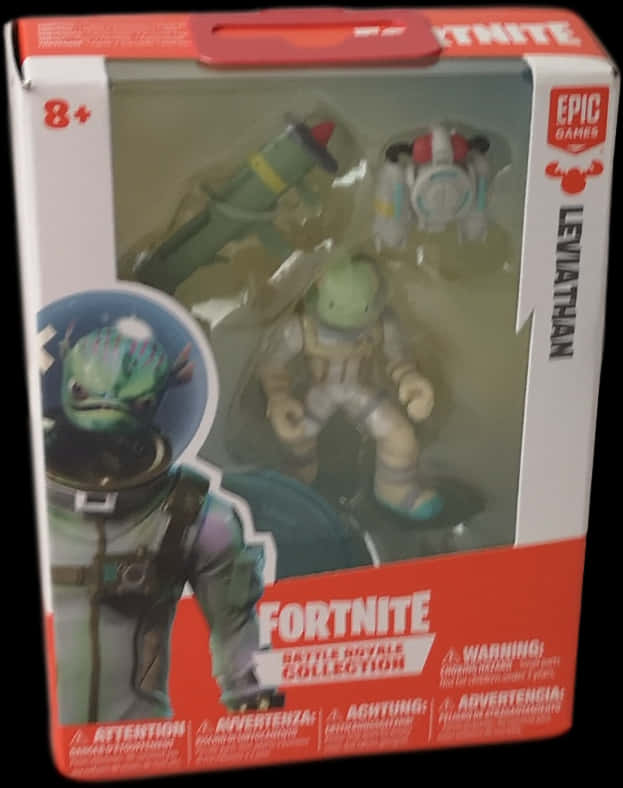 Fortnite Character 桌布 壁紙 — 包裝中的 Fortnite Leviathan 可動人偶，附有綠色外星角色和火箭發射器配件。