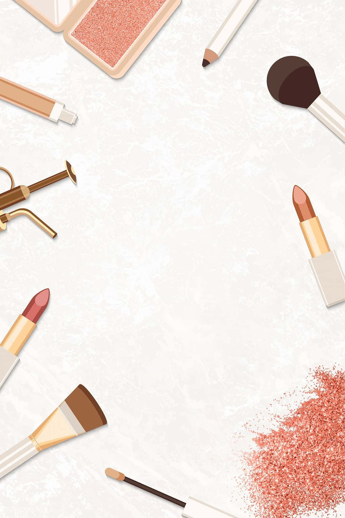 Cosmetic 桌布 壁紙 — 化妝工具和產品在紋理白色背景上沿邊緣排列的平鋪佈局。