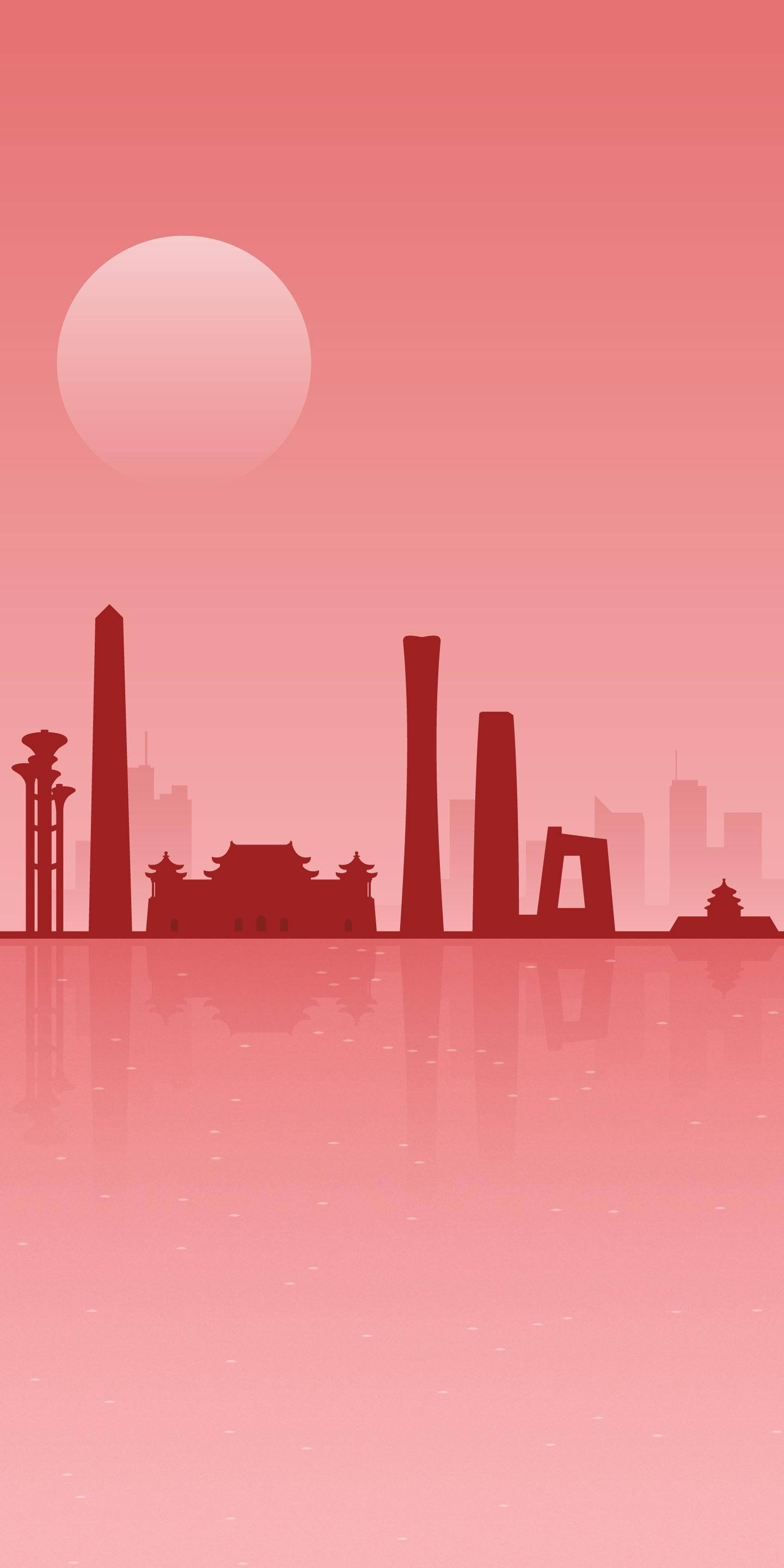 Beijing 桌布 壁紙 — 北京天際線的剪影，傳統與現代建築倒映在平靜的水面上，上方是一輪巨大的粉紅色太陽。