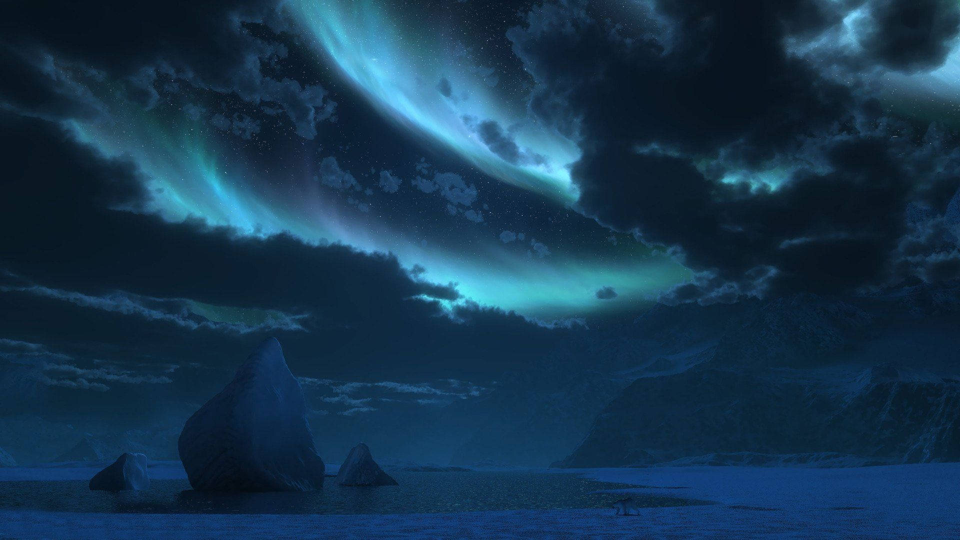 Antarctica 桌布 壁紙 — 北極光在偏遠北極景觀中，在冰冷水域和參差不齊的冰山之上，於暴風雨的夜空中舞動。