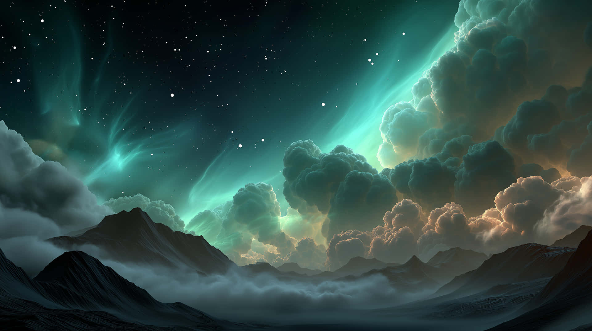 北極光照亮山脈，星空下伴有戲劇性的雲層 — 科幻 壁紙