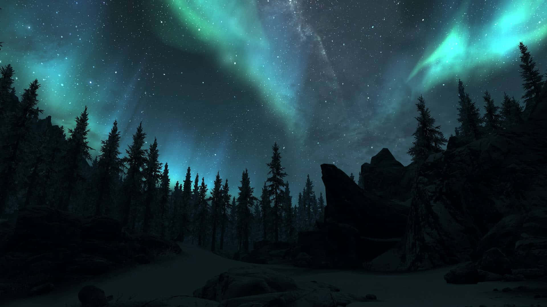 綠色北極光照亮了黑暗森林和岩石景觀上方的星空夜空。 — 極光 壁紙