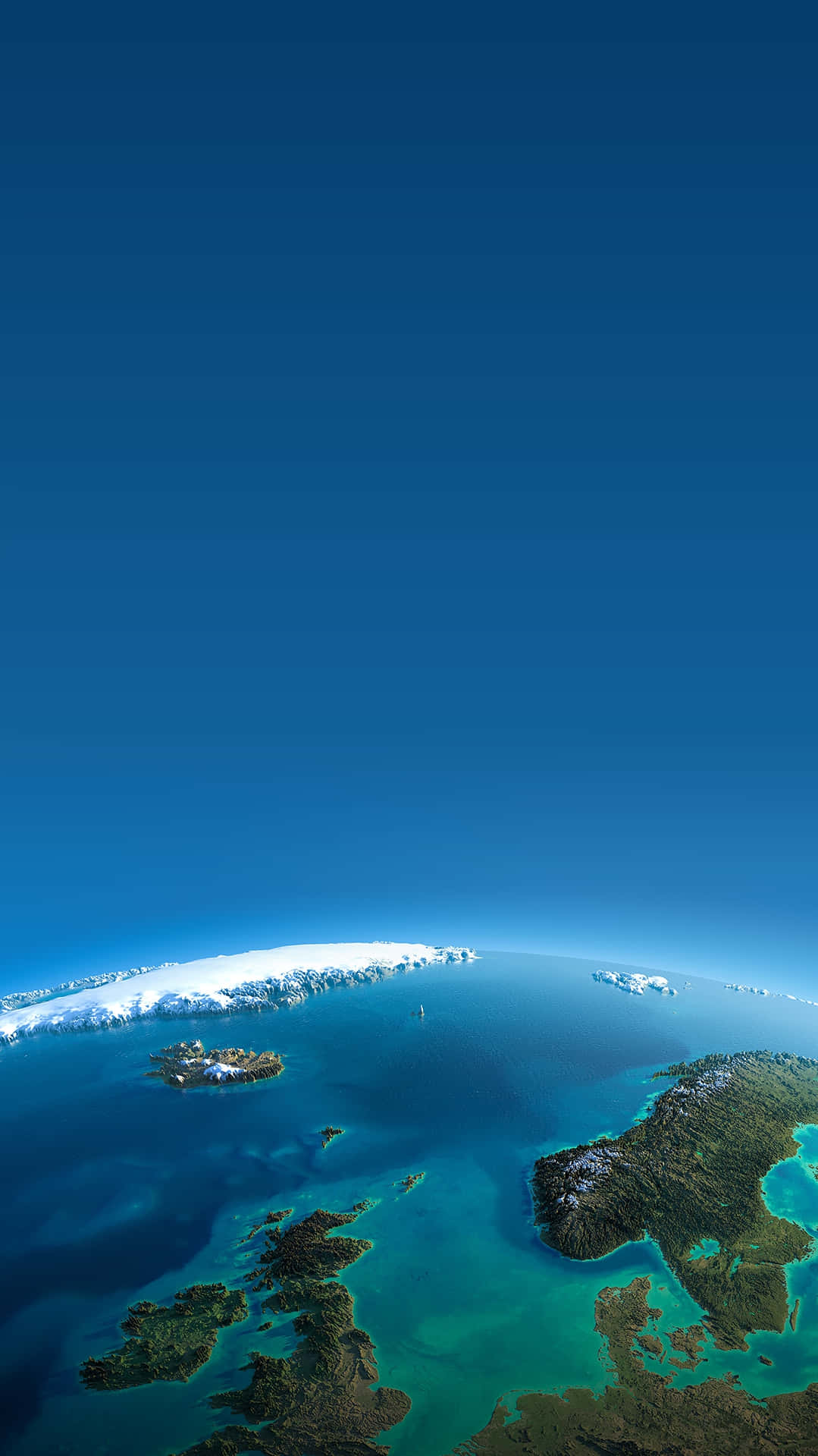 3d Earth 桌布 壁紙 — 北極島嶼和冰封海岸線在廣闊清澈藍天下與碧綠海水的空拍視圖。