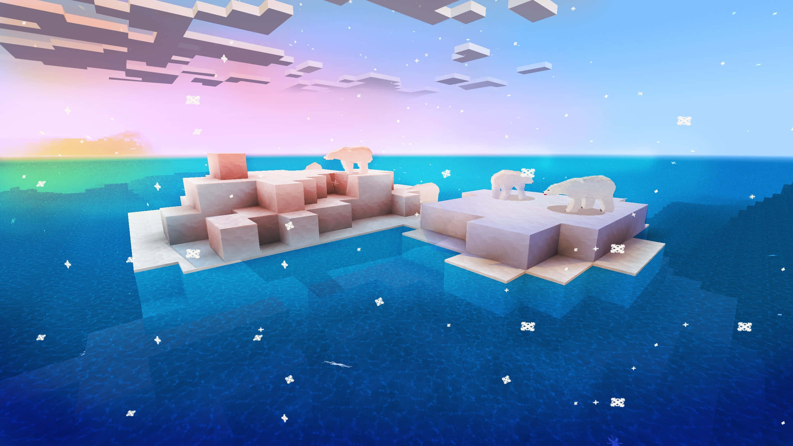 Minecraft Adventure 桌布 壁紙 — 北極熊在塊狀浮冰上漫步，天空呈現柔和色調，構成風格化的數位海洋場景。