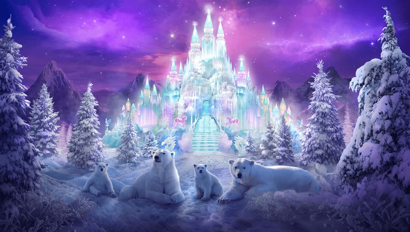 wonderland 桌布 壁紙 — 北極熊在星光燦爛的紫色天空下，在雪林中的發光冰城堡前休息。