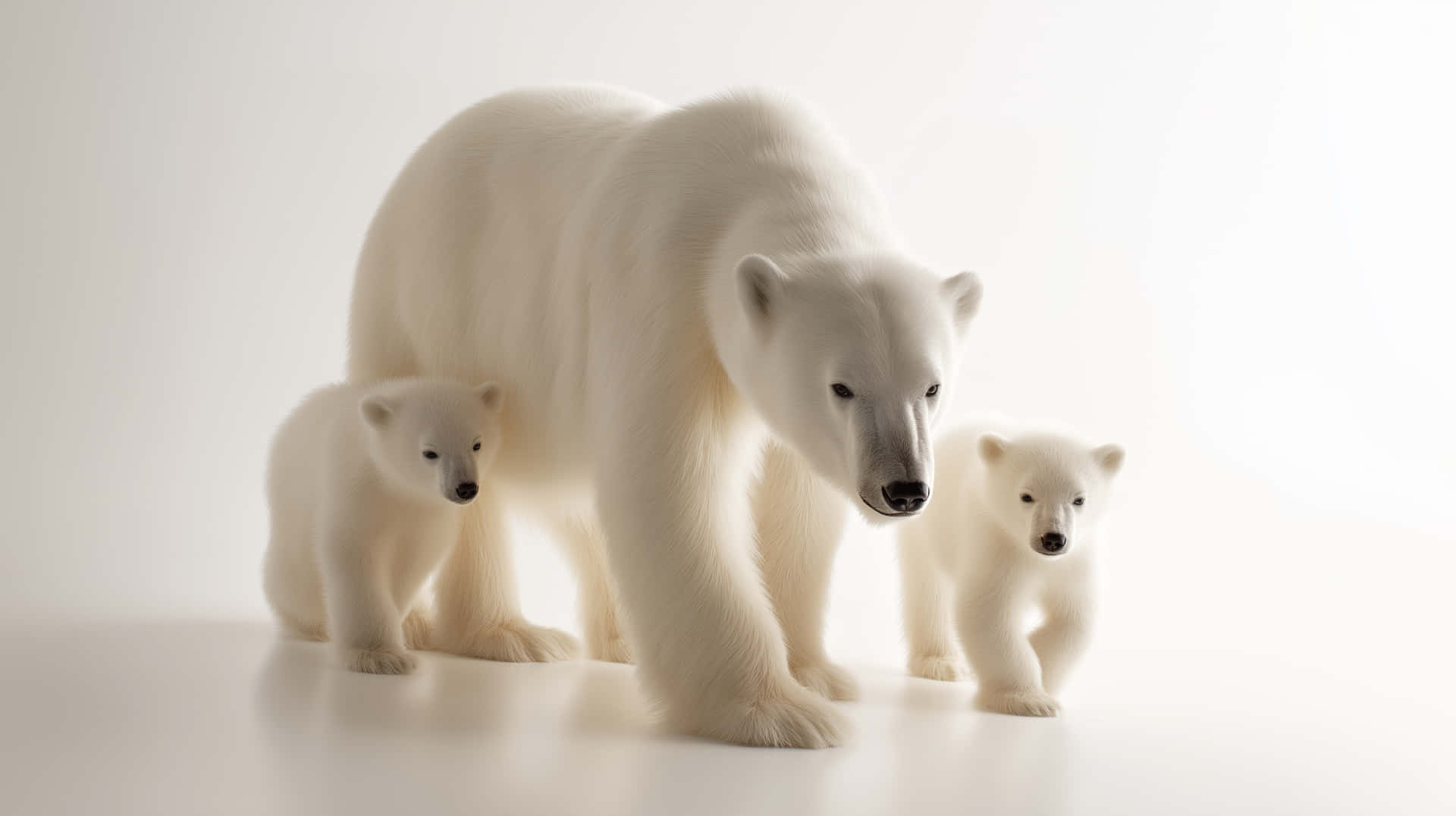 Charming Polar Bear Mother with Two Cubs in Clean Studio 壁紙 — 北極熊媽媽和她的兩隻幼崽一起站在明亮的白色表面上，背景是柔和的白色。