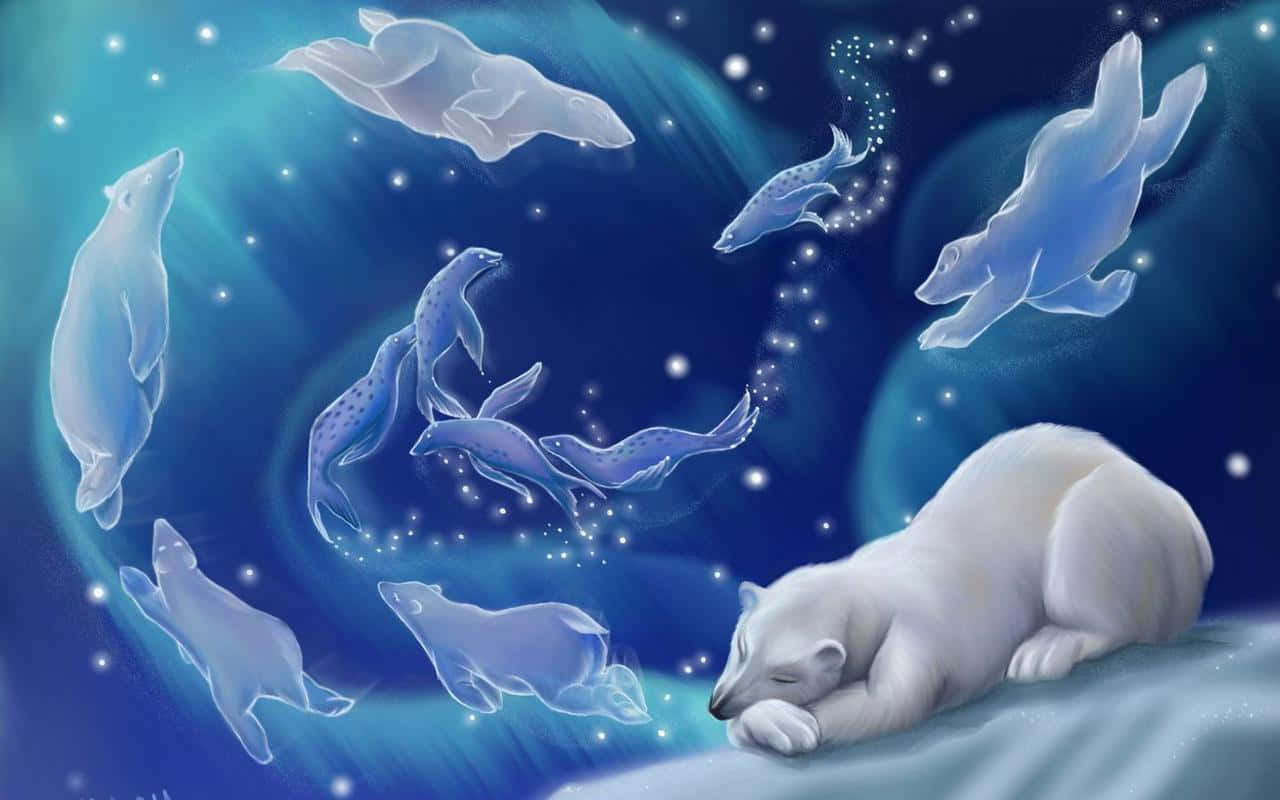 北極熊與海豚在雪中沉睡 壁紙