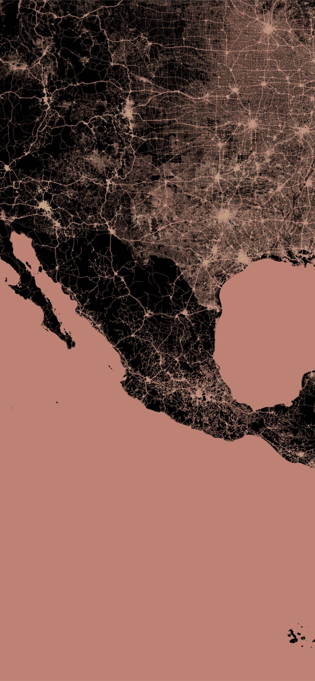Chicano 桌布 壁紙 — 北美洲和墨西哥的極簡夜間地圖，在柔和赤陶色背景上呈現發光的城市燈光和道路網絡。
