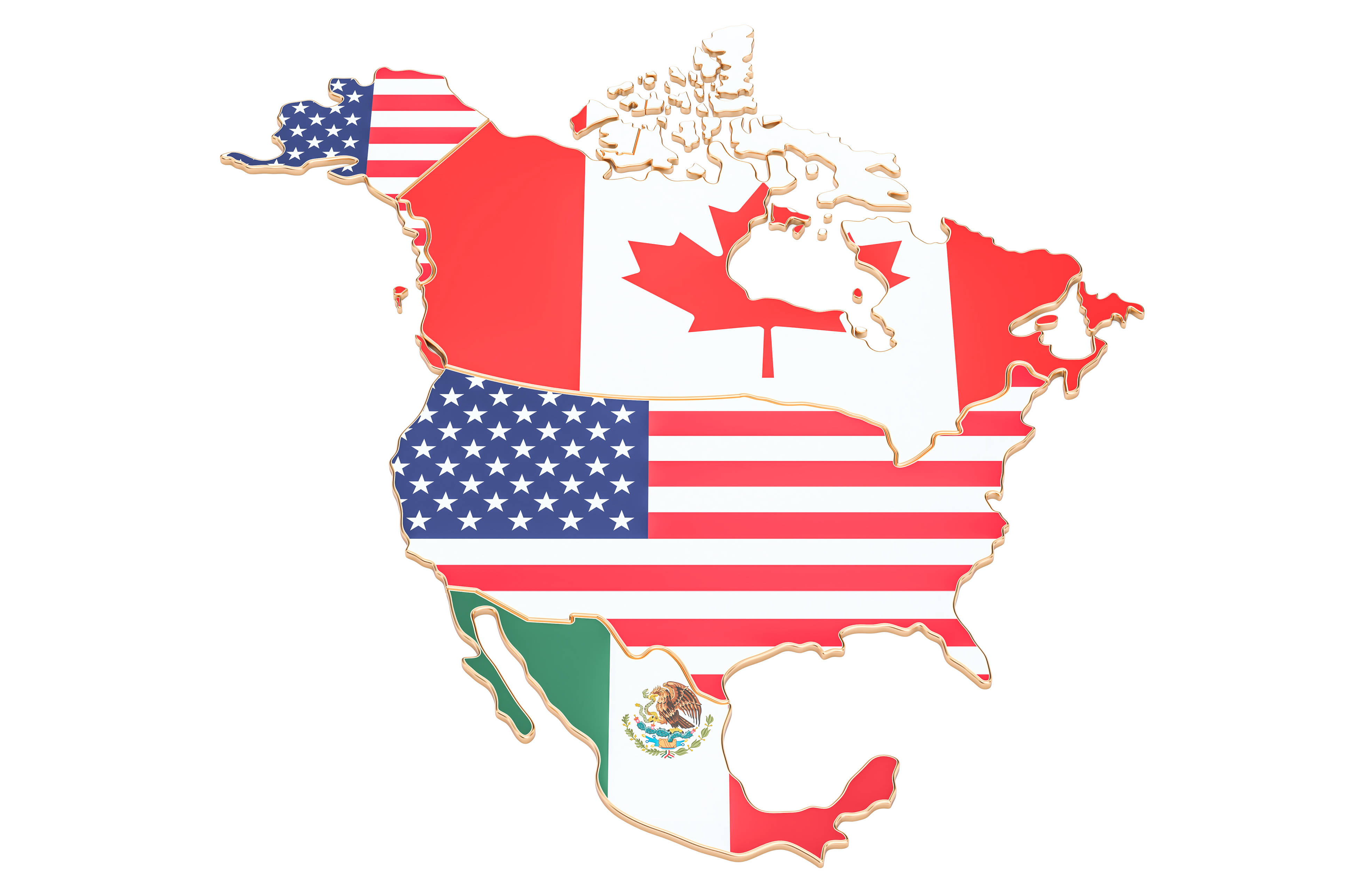 North America 桌布 壁紙 — 北美洲地圖，每個國家均以本國國旗填充，採用簡潔的3D渲染風格。