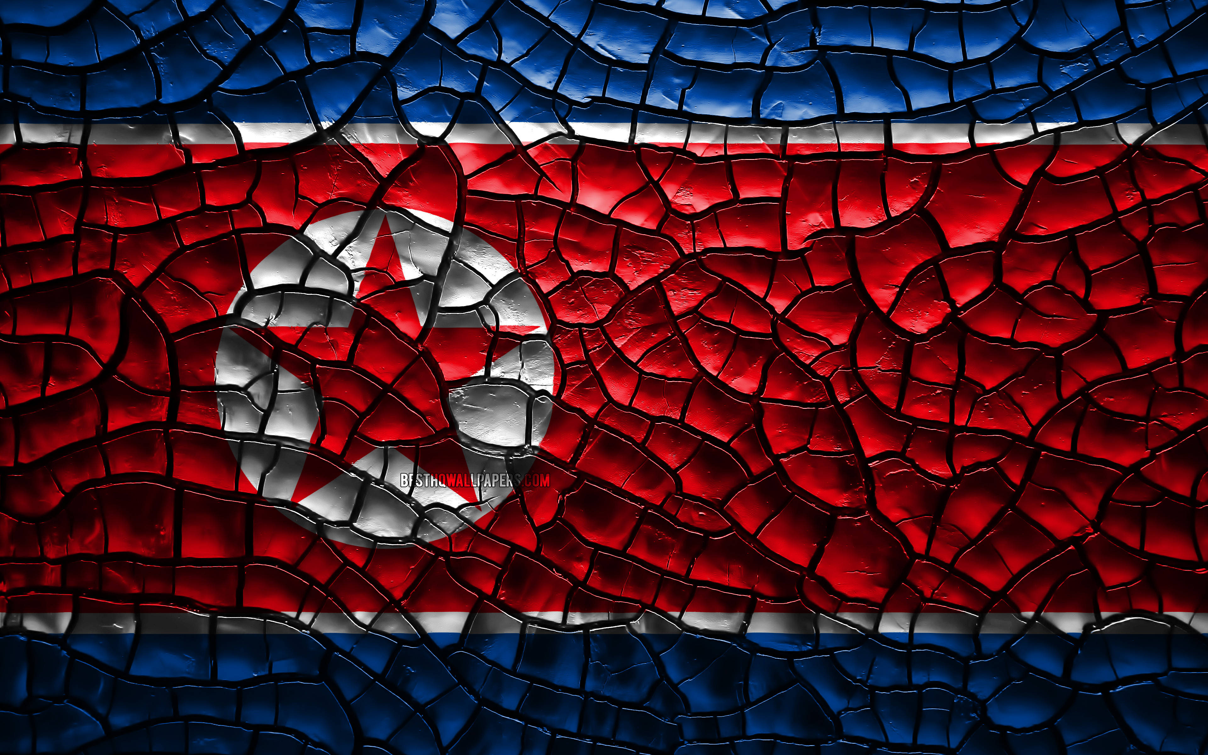 North Korea 桌布 壁紙 — 北韓國旗以裂紋玻璃質感呈現，色彩鮮豔的紅藍白。