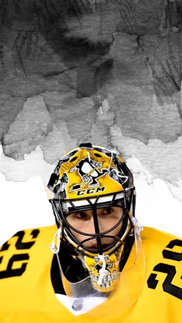 hockey 桌布 壁紙 — 匹茲堡企鵝隊冰球守門員身穿黃黑制服，帶有裂紋面具效果，背景為紋理灰白色的特寫。