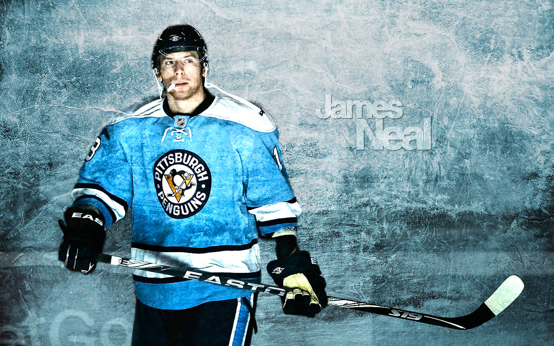 penguins 桌布 壁紙 — 匹茲堡企鵝隊球衣的冰球運動員James Neal在紋理冰藍色背景前持球桿。