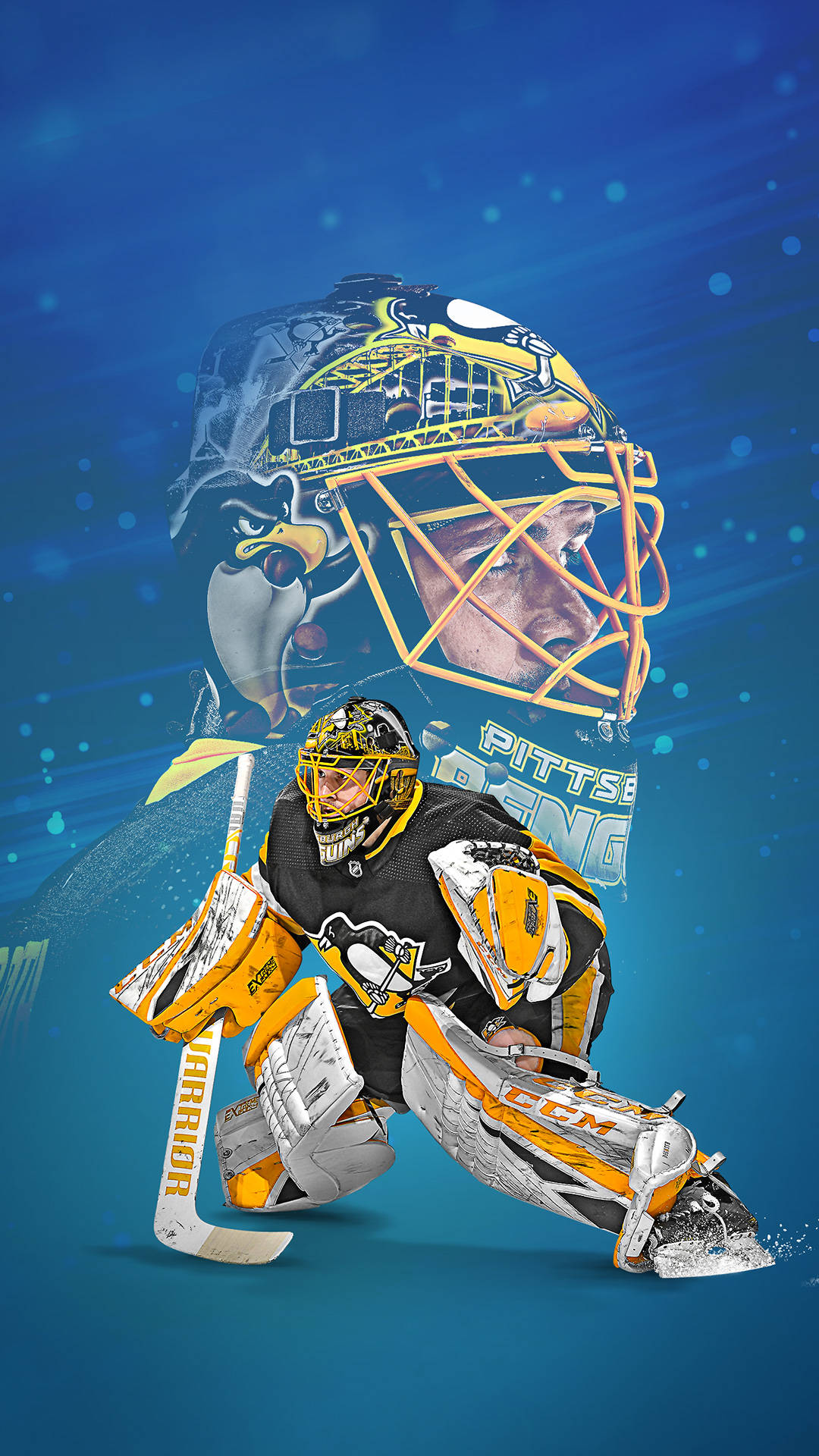 penguins 桌布 壁紙 — 匹茲堡企鵝隊的冰球守門員全副武裝，在充滿活力的藍色背景上動態蹲伏，背景有球隊標誌和吉祥物。