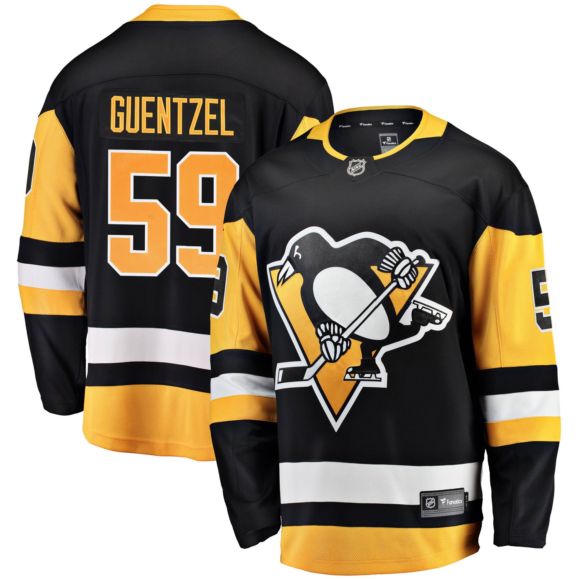 hockey 桌布 壁紙 — 匹茲堡企鵝隊黑色和金色冰球球衣，球員姓名Guentzel和號碼59顯示在正面和背面。