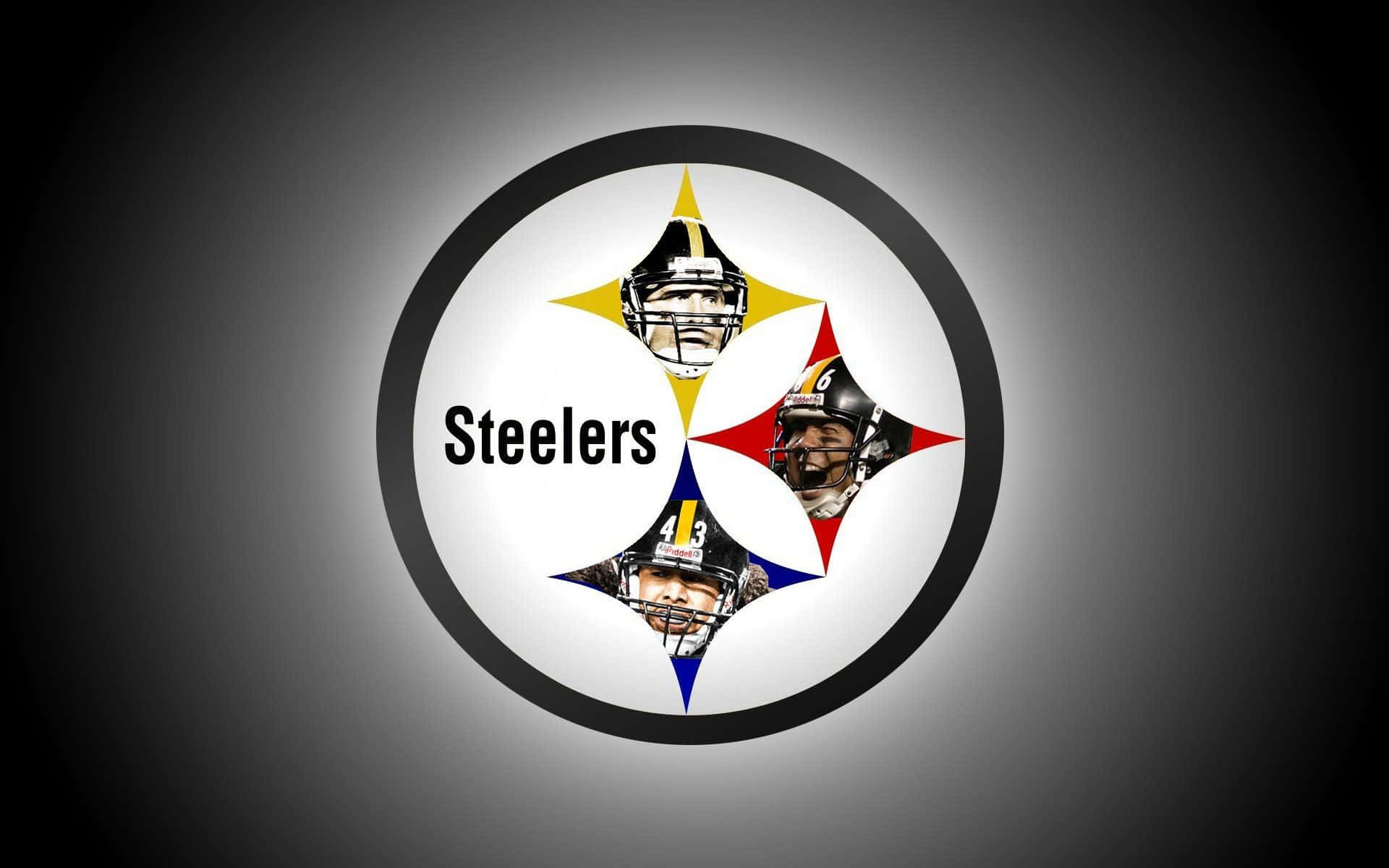 Pittsburgh Steelers Logo 桌布 壁紙 — 匹茲堡鋼人隊標誌，星形尖端有四位美式足球員的臉孔，背景為漸變灰色。