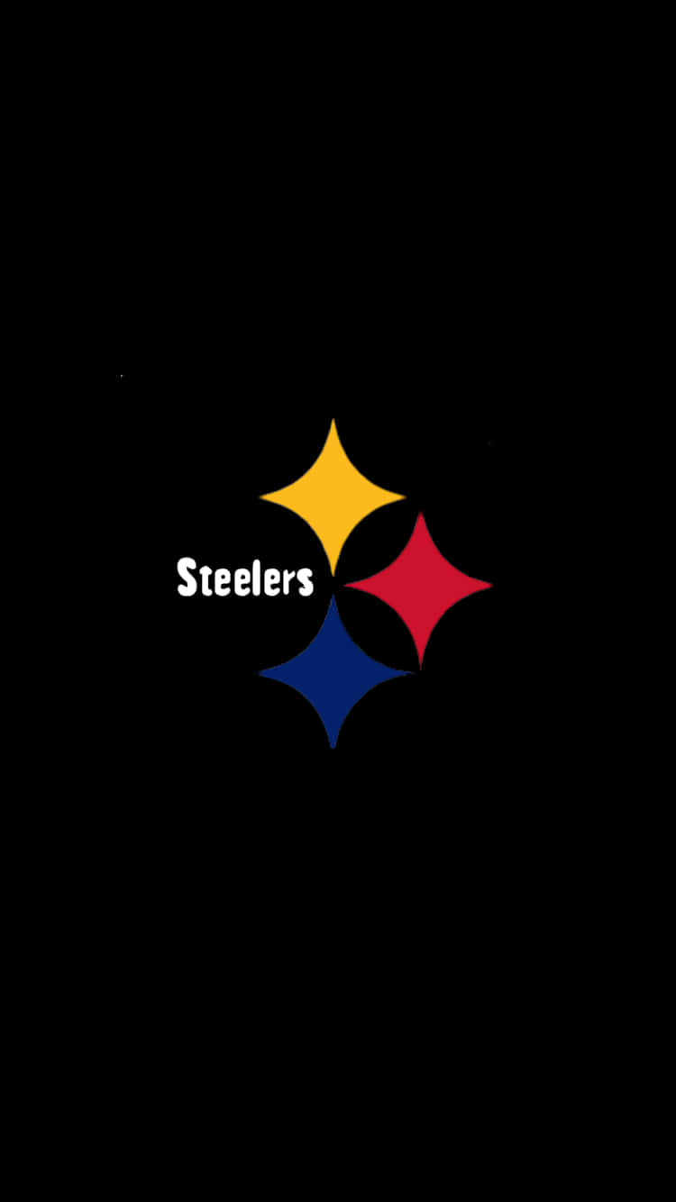 Steelers Phone 桌布 壁紙 — 匹茲堡鋼人隊標誌，黑色背景上有黃色、紅色和藍色的星爆圖案。