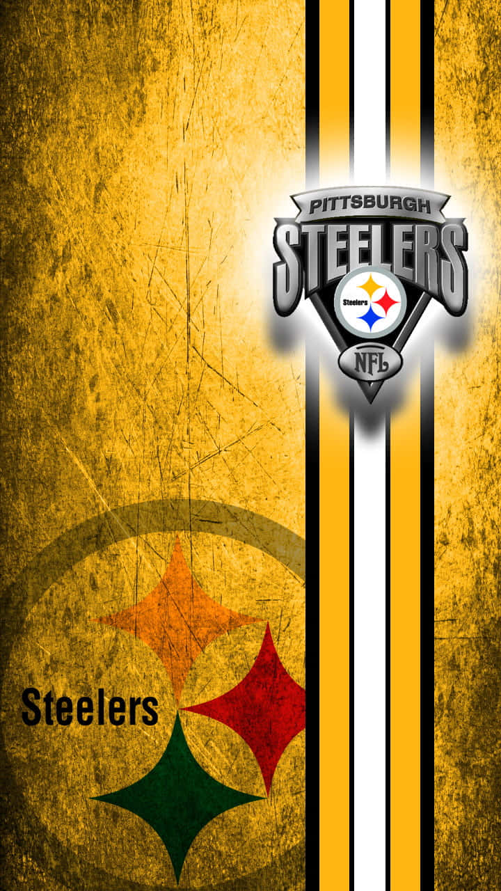 Steelers Phone 桌布 壁紙 — 匹茲堡鋼人隊標誌和星形徽章，背景為風化黃色，帶有黑色和白色條紋。