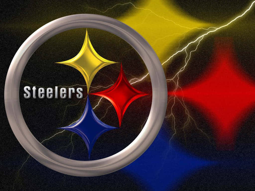 Steelers iPhone 桌布 壁紙 — 匹茲堡鋼人隊標誌在黑暗背景上發出電光閃電的光芒。
