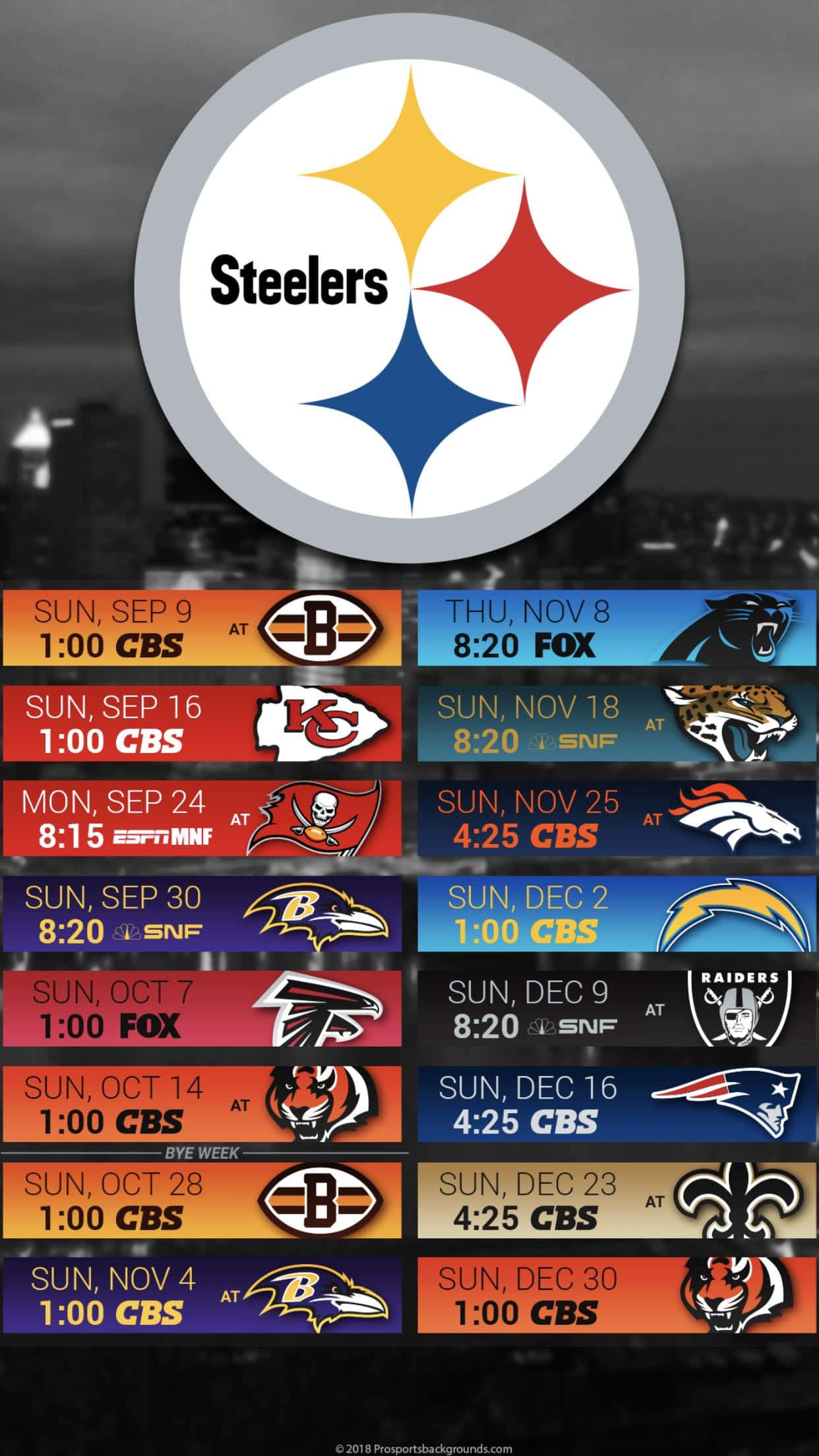 Steelers iPhone 桌布 壁紙 — 匹茲堡鋼人隊標誌居中，上方為NFL賽程，包含球隊標誌和播出時間，背景為模糊的體育場。