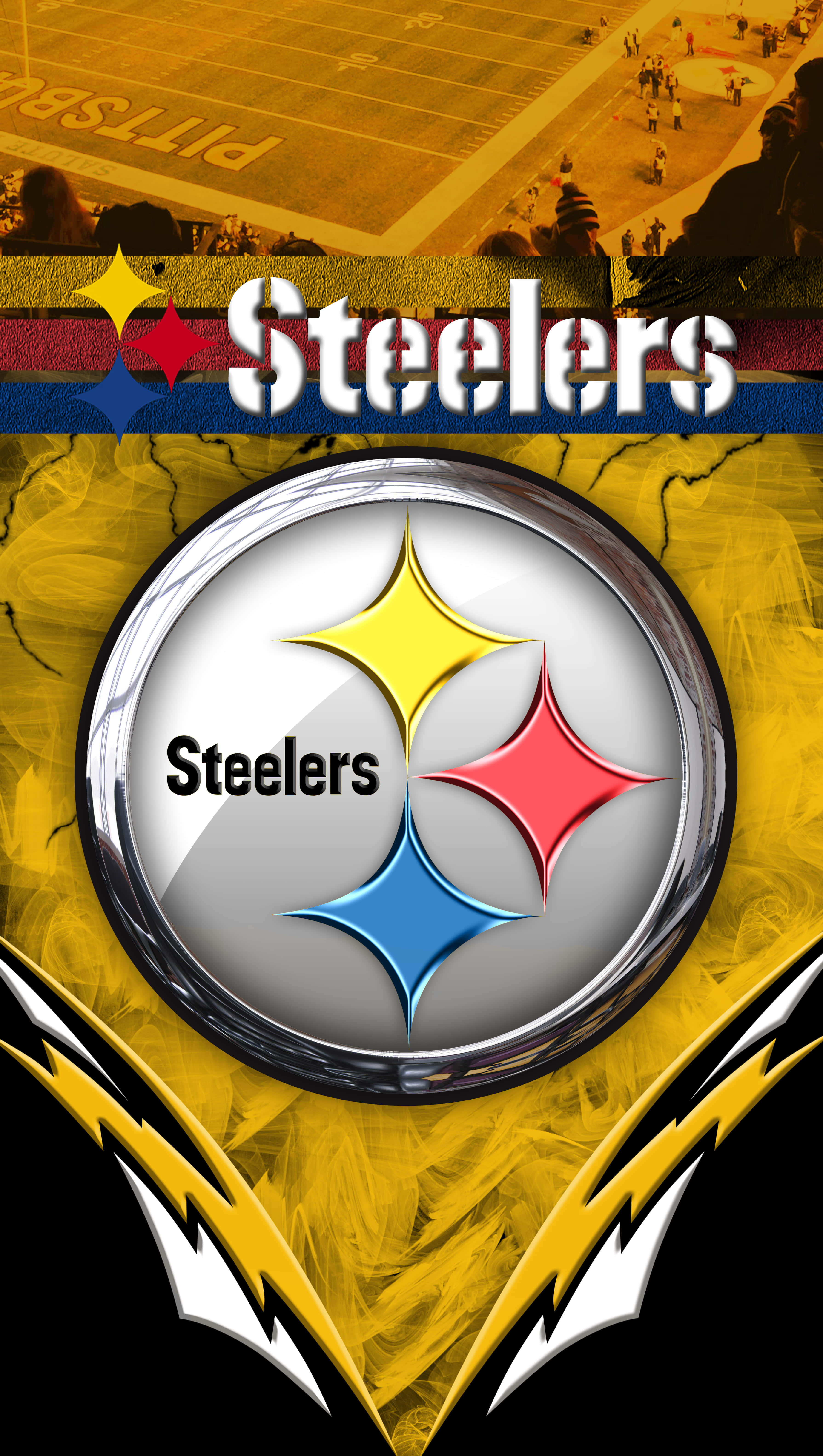 Steelers Phone 桌布 壁紙 — 匹茲堡鋼人隊標誌居中，背景為動態黃黑配色，遠景有球場和球迷。