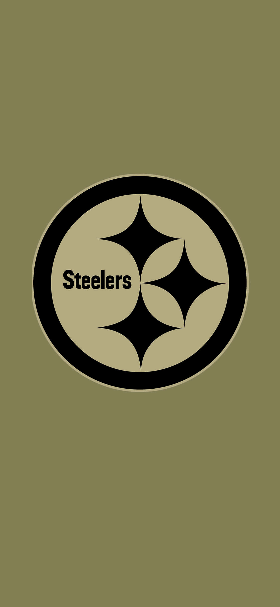 Steelers iPhone 桌布 壁紙 — 匹茲堡鋼人隊標誌居中於橄欖綠色背景上，帶有黑色星爆和文字。