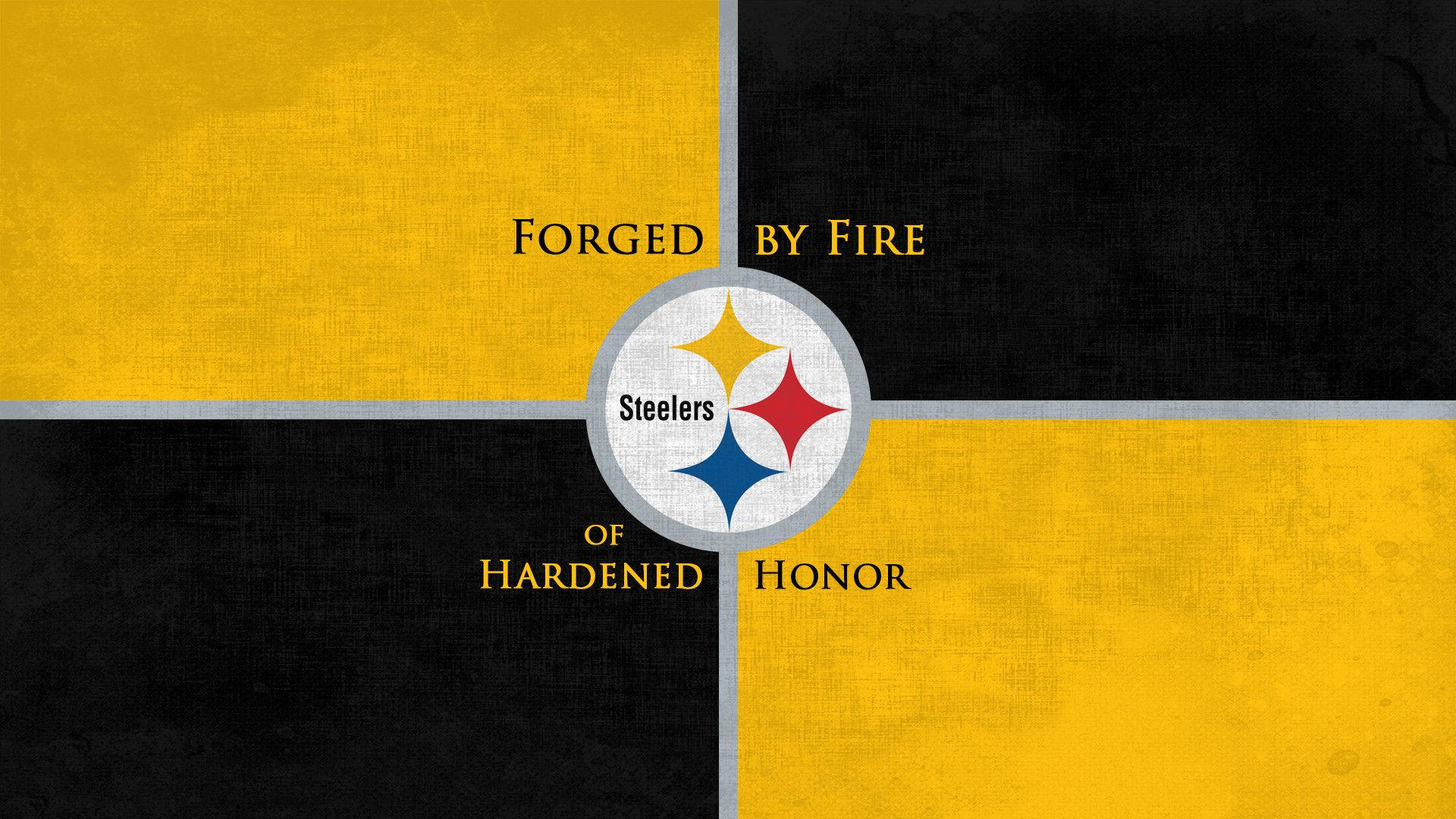 鋼人隊 桌布 壁紙 — 匹茲堡鋼人隊標誌居中於黃黑分割背景，並帶有「Forged by Fire of Hardened Honor」文字。