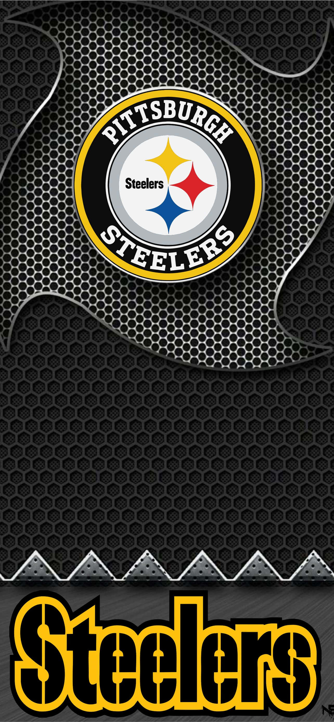 Steelers iPhone 桌布 壁紙 — 匹茲堡鋼人隊標誌居中於黑色六角網格背景上，底部有粗體黃色鋼人隊文字。
