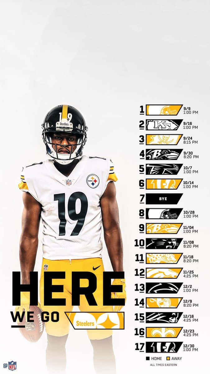 Steelers iPhone 桌布 壁紙 — 匹茲堡鋼人隊美式足球員身穿19號球衣，自信地拿著足球站在賽程圖表旁。