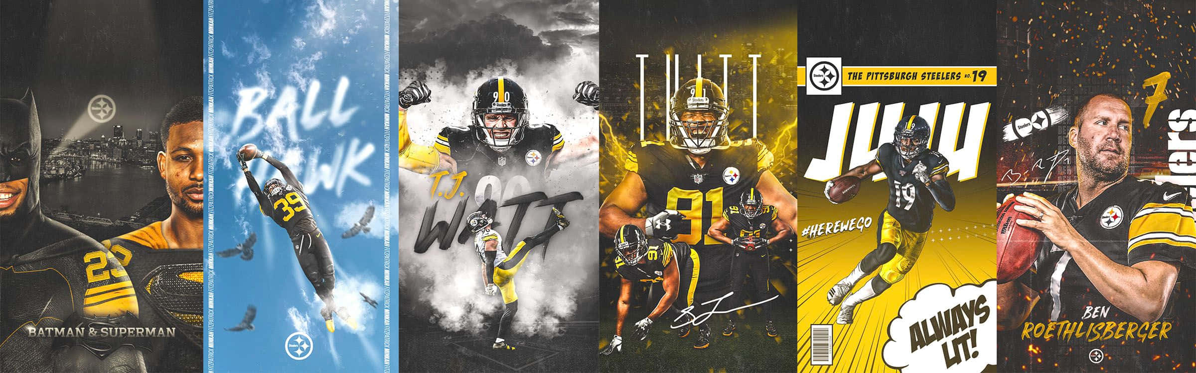 Pittsburgh Steelers Logo 桌布 壁紙 — 匹茲堡鋼人隊足球員以動感姿勢呈現，搭配大膽的圖形設計和球隊品牌元素。