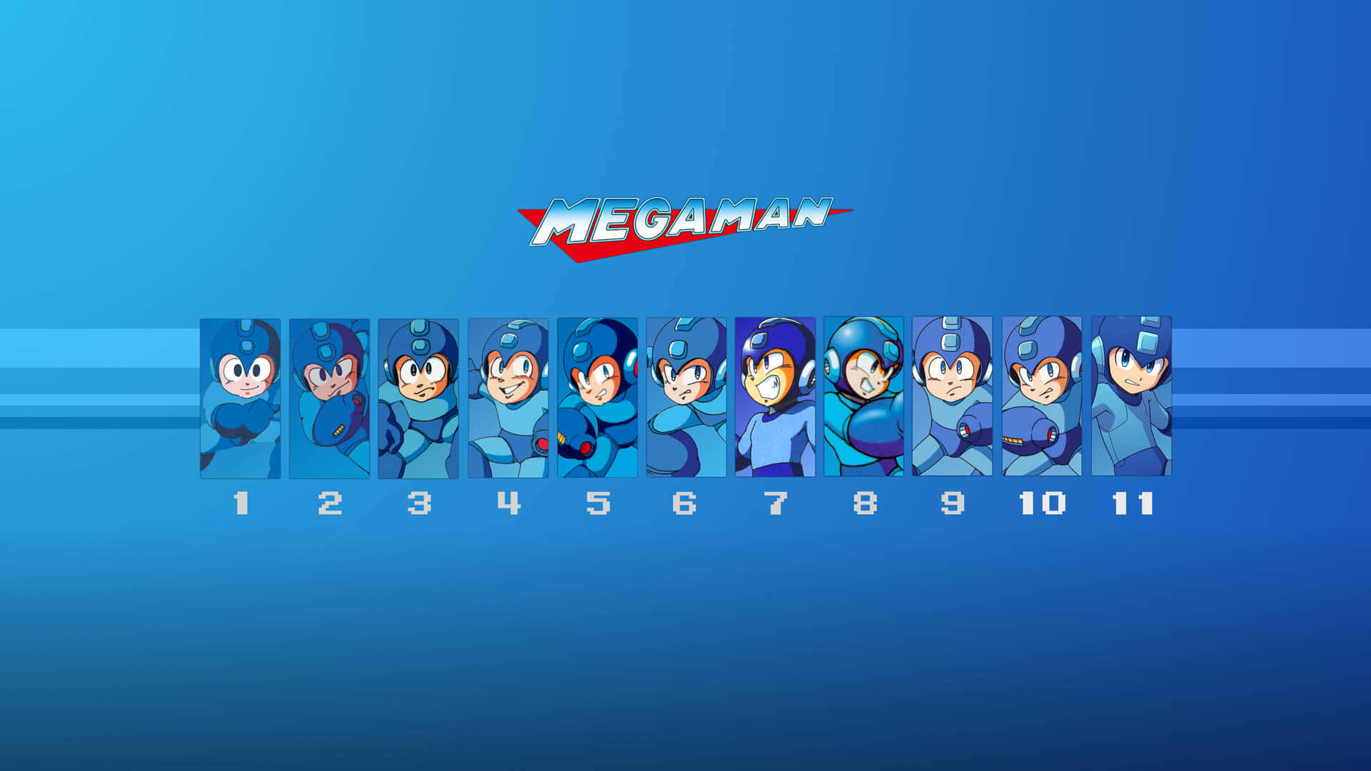 Megaman 桌布 壁紙 — 十一個身穿藍色盔甲的Mega Man角色排成一排，背景為漸變藍色，上方有Mega Man標誌。